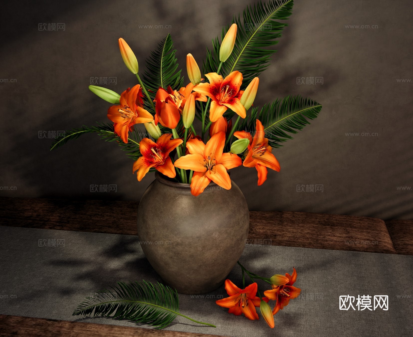 新中式花艺 橙色百合花插花 陶瓷陶罐插花 新中式花瓶花艺su模型