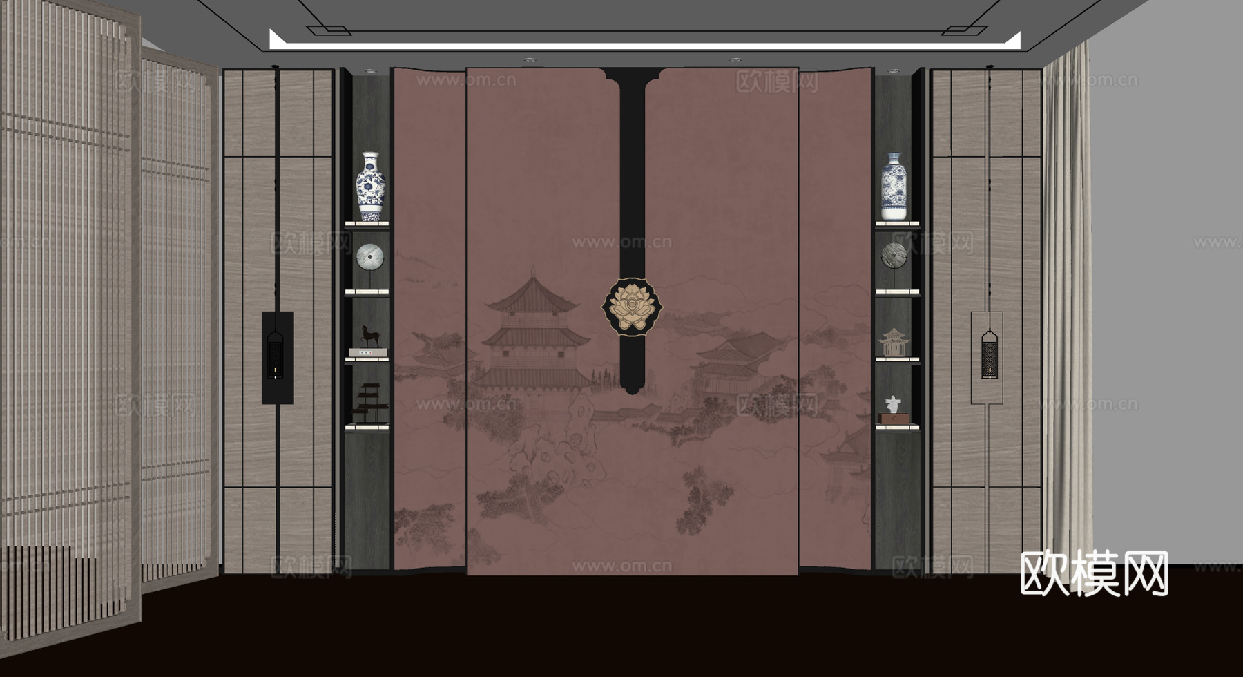 新中式书柜 装饰背景墙su模型