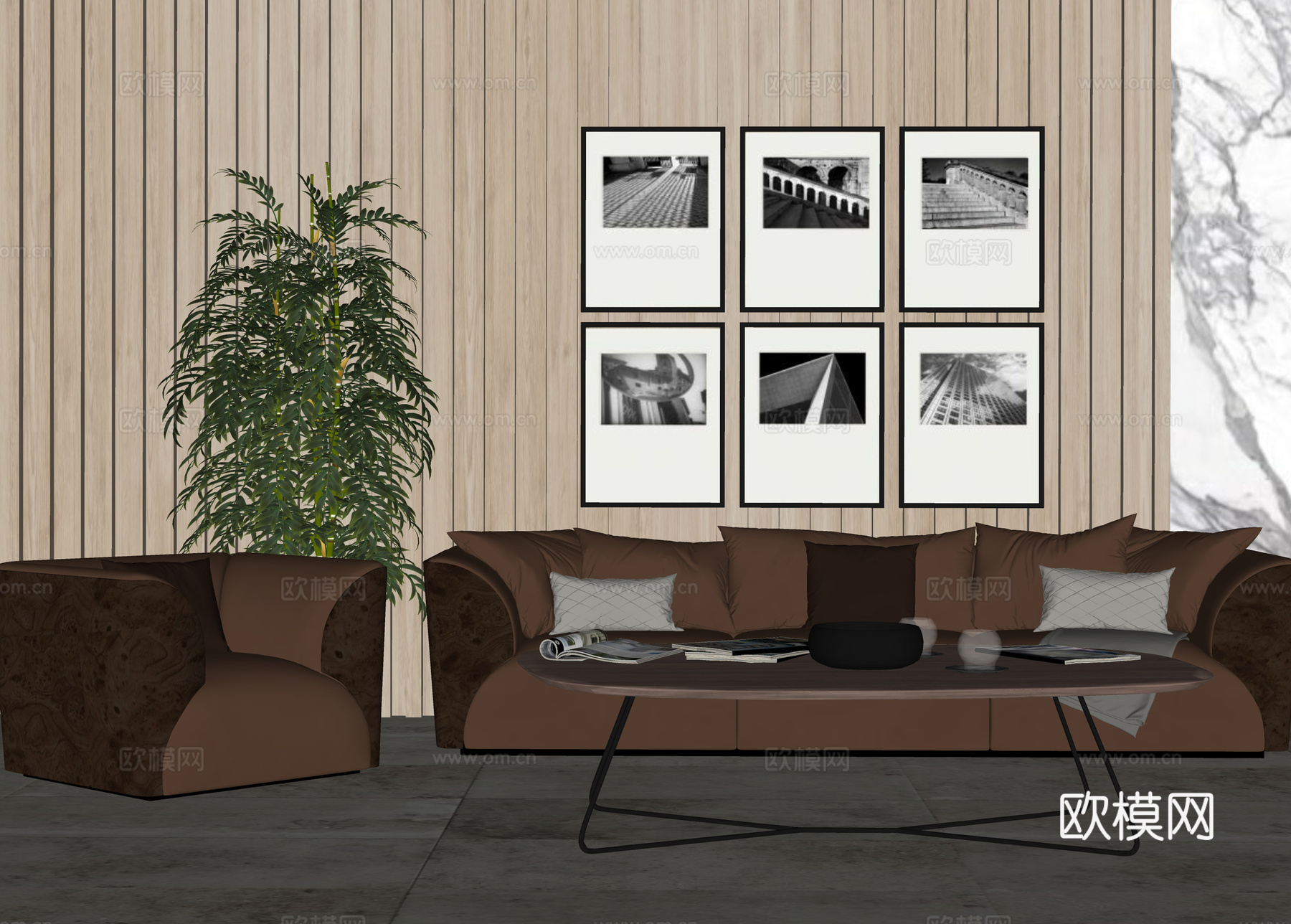 中古风沙发  皮革多人沙发  沙发茶几组合  挂画组合su模型