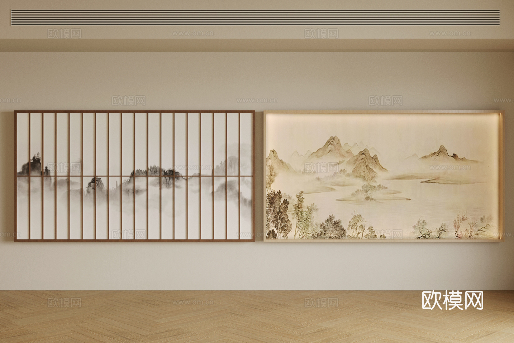 新中式展示墙 山水画展示墙 茶室背景墙 美容院展示墙 山水画su模型