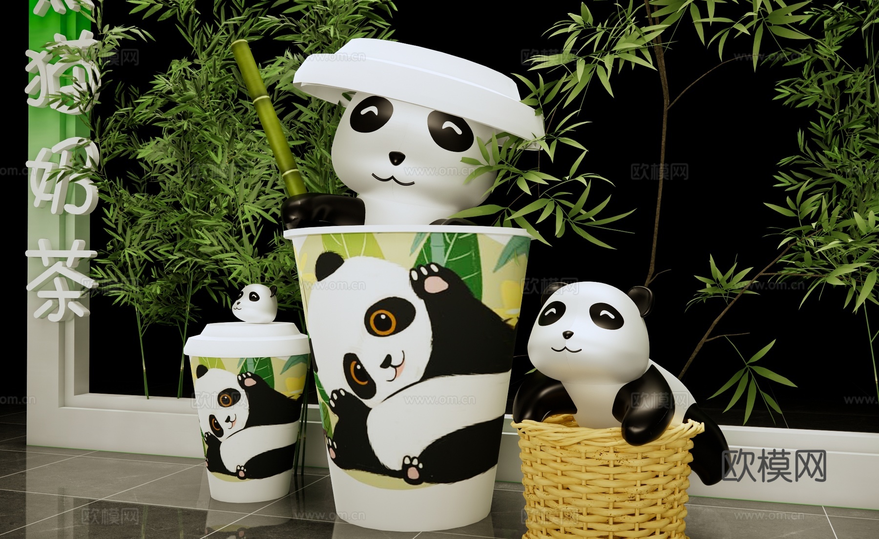 现代美陈 熊猫主题奶茶美陈 熊猫奶茶美陈布置 熊猫奶茶橱窗展su模型