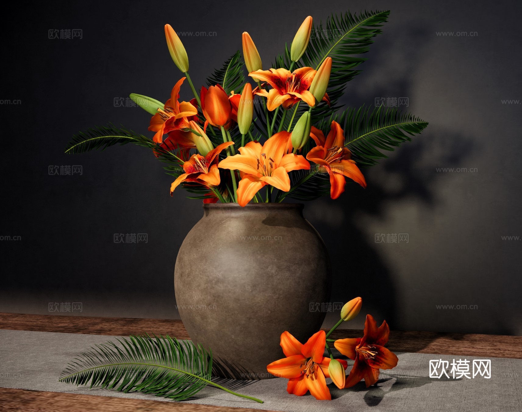 新中式花艺 橙色百合花插花 陶瓷陶罐插花 新中式花瓶花艺su模型