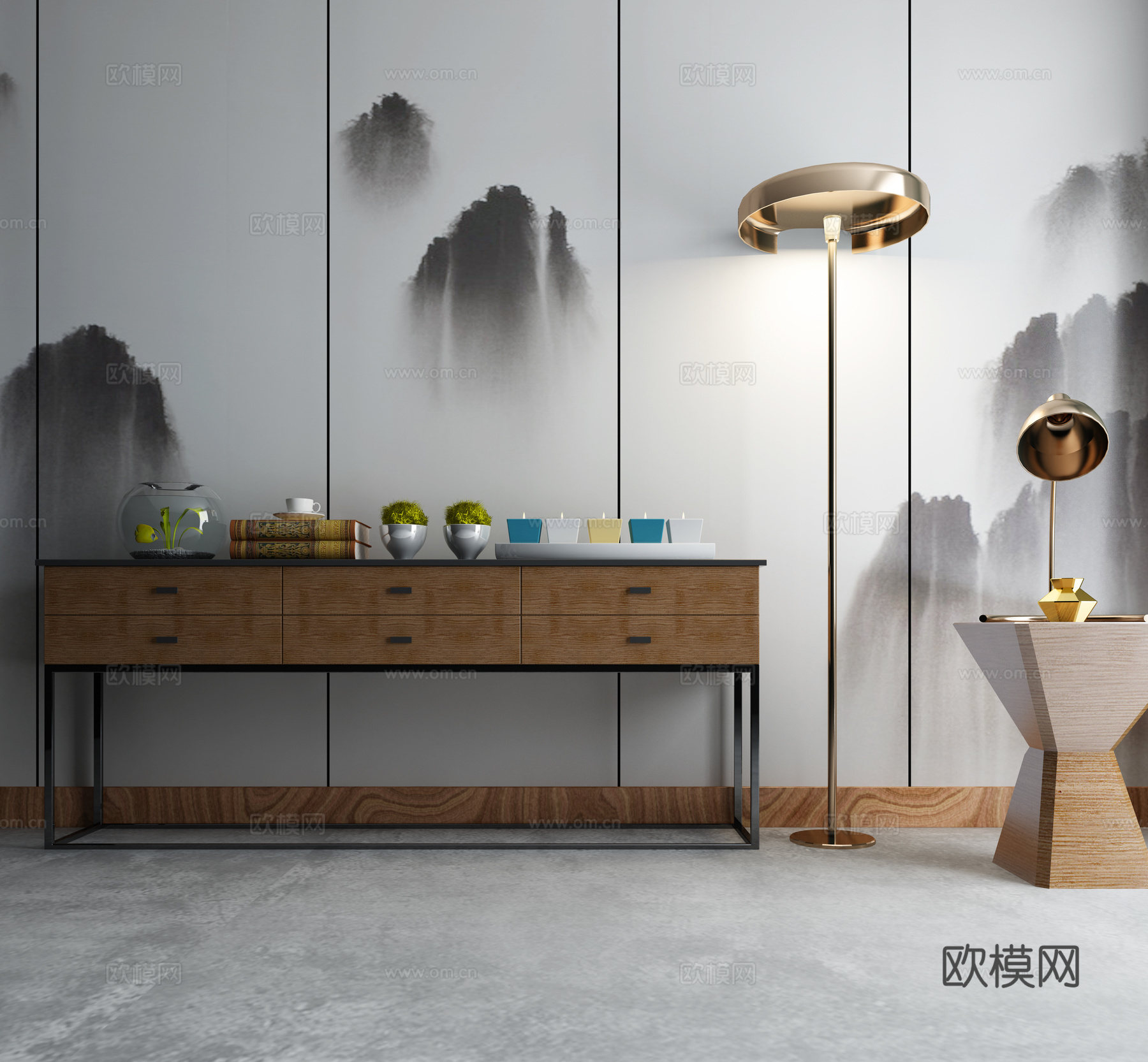 新中式端景柜组合 台灯 落地灯3d模型