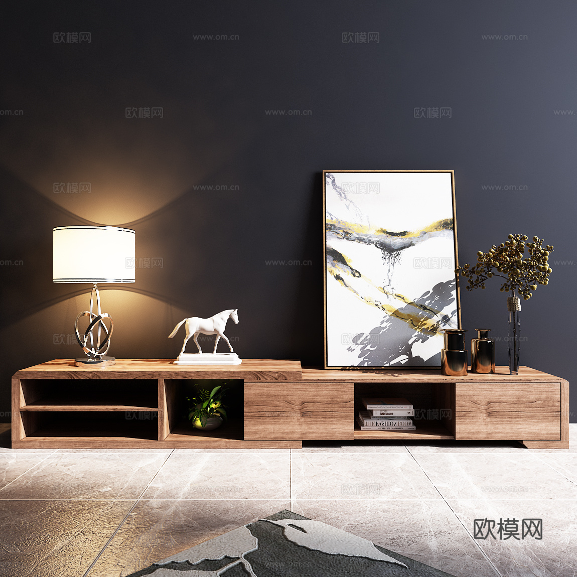现代电视柜 台灯 装饰画 雕塑 饰品 地毯模型3d模型