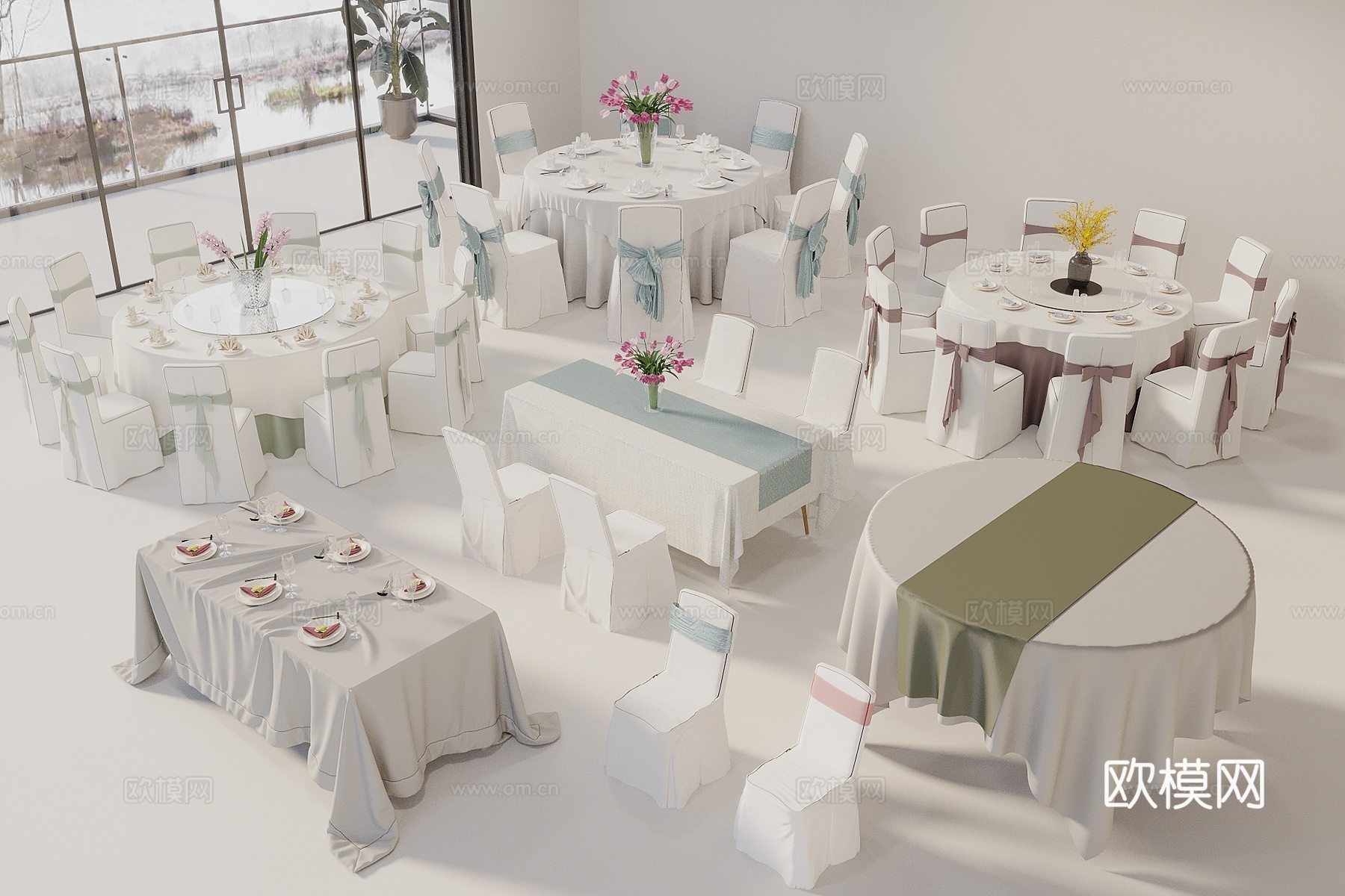 宴会厅桌椅 礼堂桌椅 婚礼桌椅 圆形桌椅组合 餐座椅组合3d模型