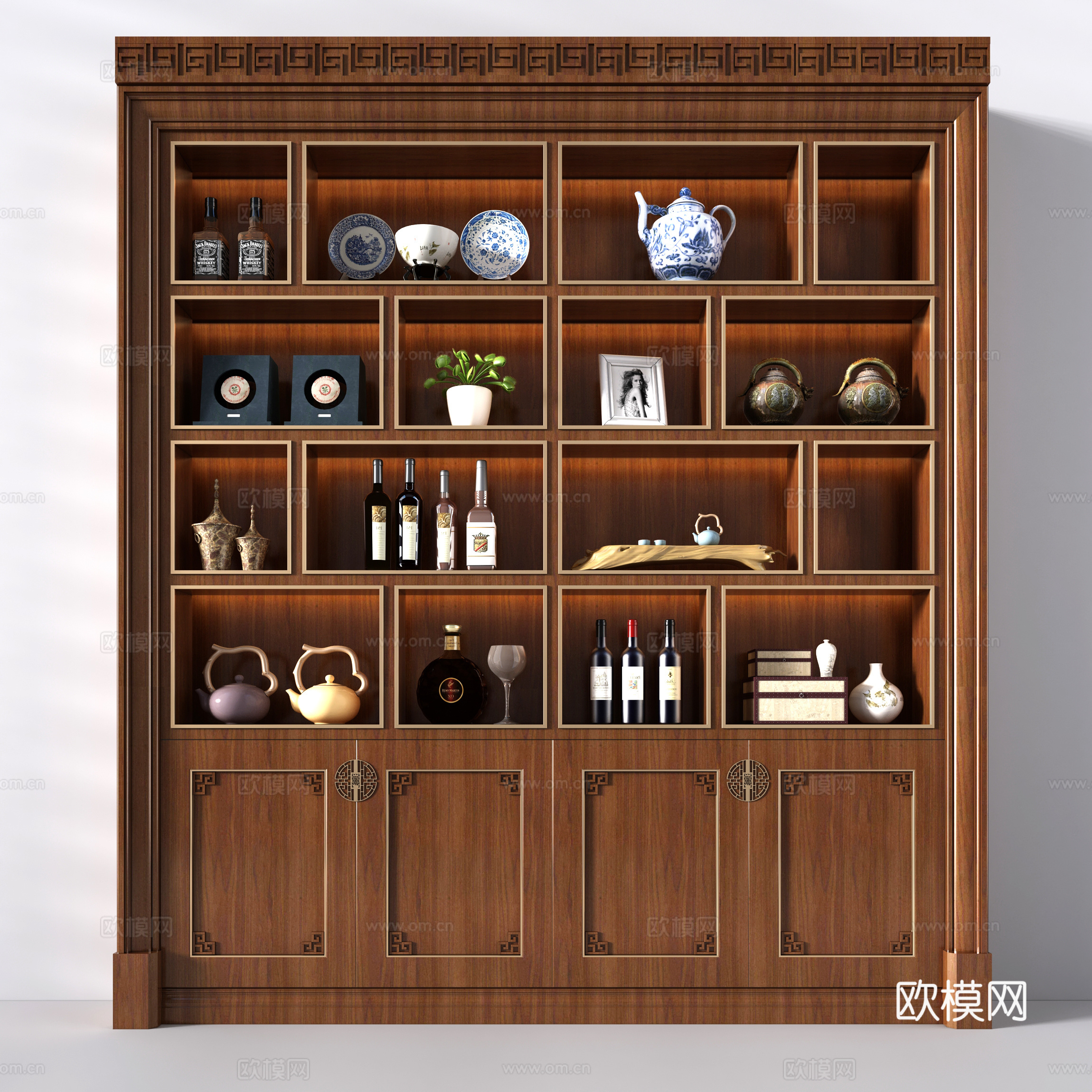 新中式酒柜 茶具茶饼 红酒酒瓶 中式摆件3d模型