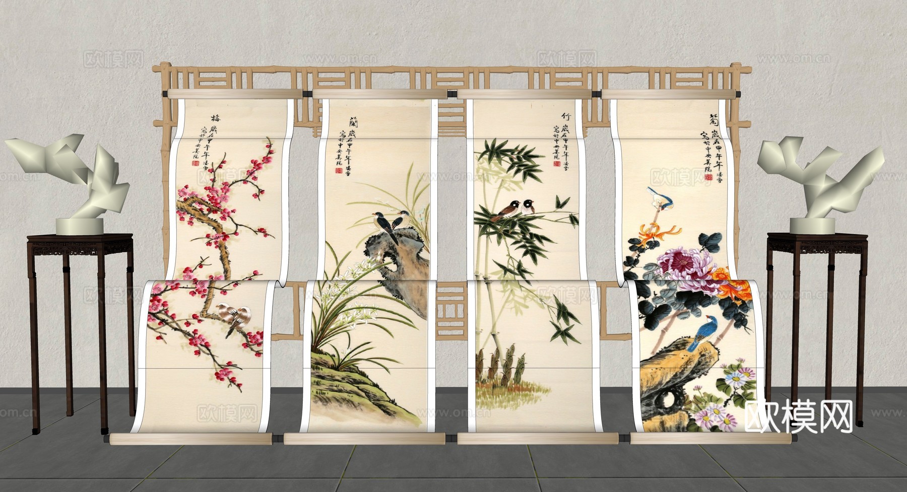 新中式美陈 中式卷轴画轴美陈 梅兰竹菊画轴装置 国风创意画轴su模型