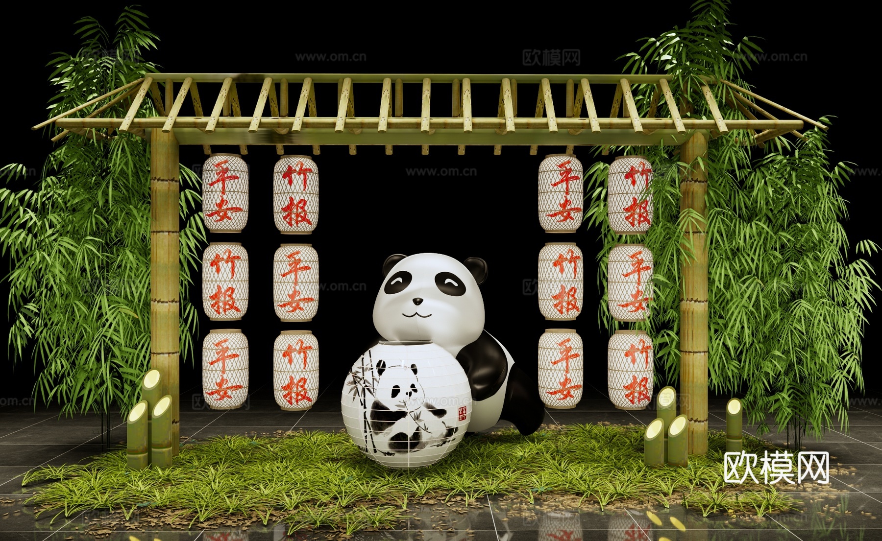 新中式美陈 竹灯笼美陈布置 竹文化主题美陈 熊猫雕塑景观小品su模型