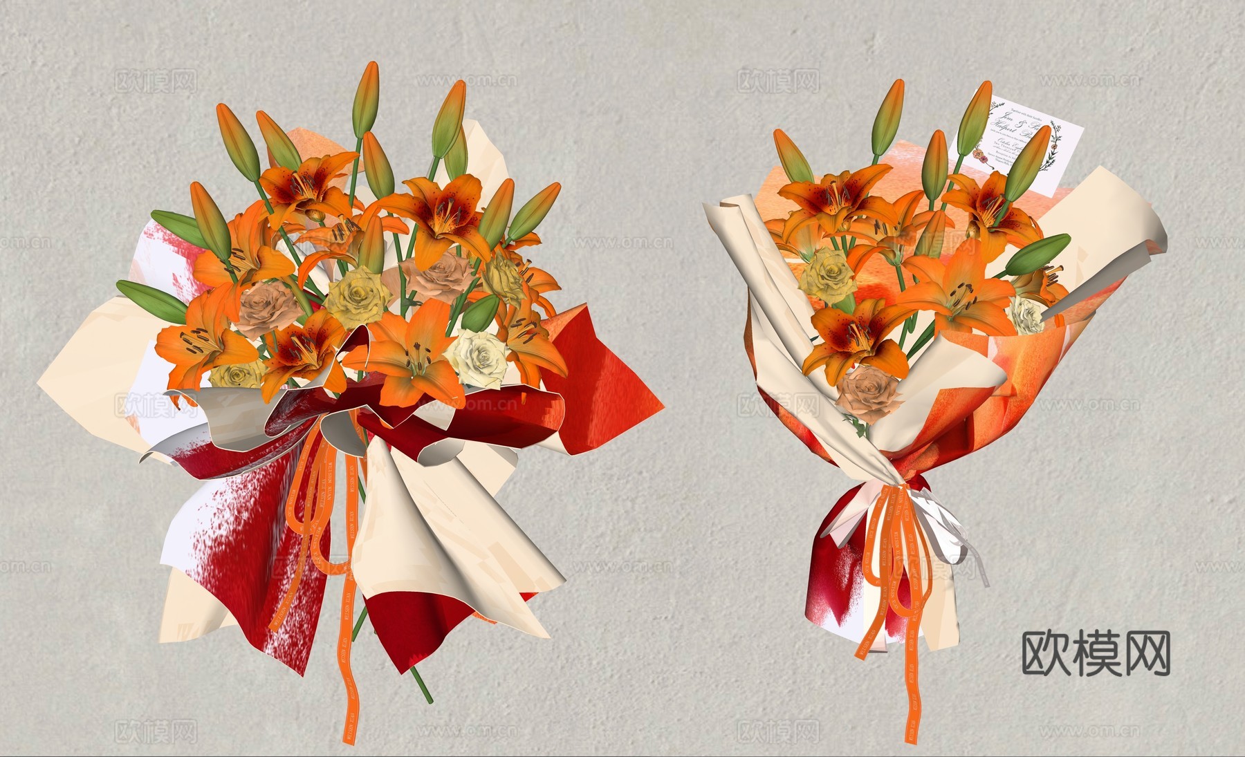 现代花艺 橙色百合花花束 水仙百合花 节日捧花花束 鲜花花艺su模型