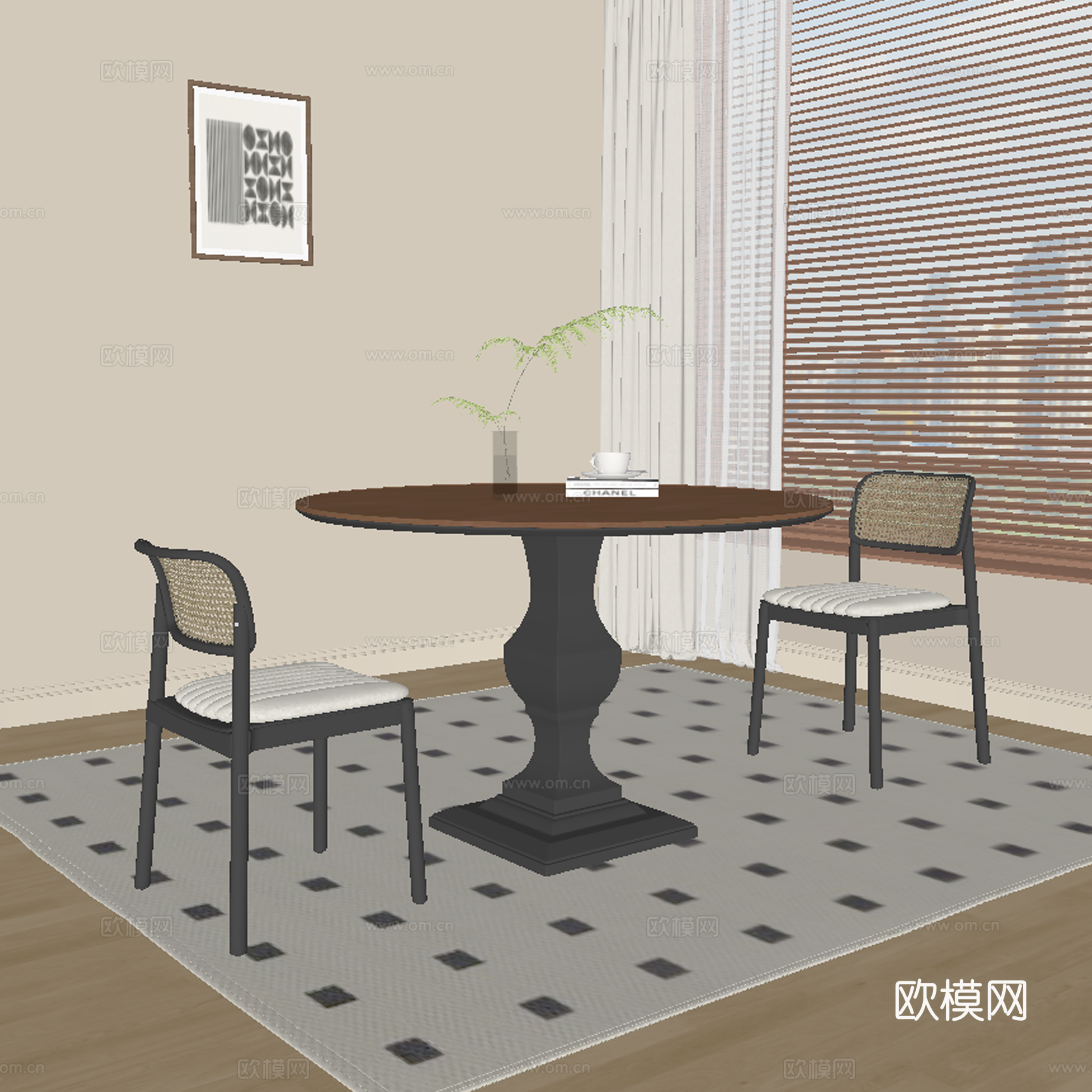 现代中古餐桌椅su模型
