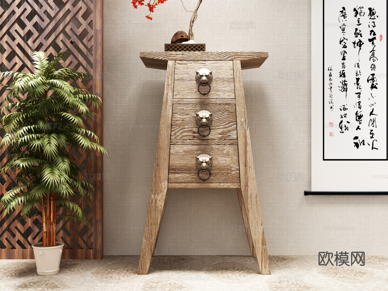 禅意中式装饰柜绿植挂画3d模型下载（渲染图2）