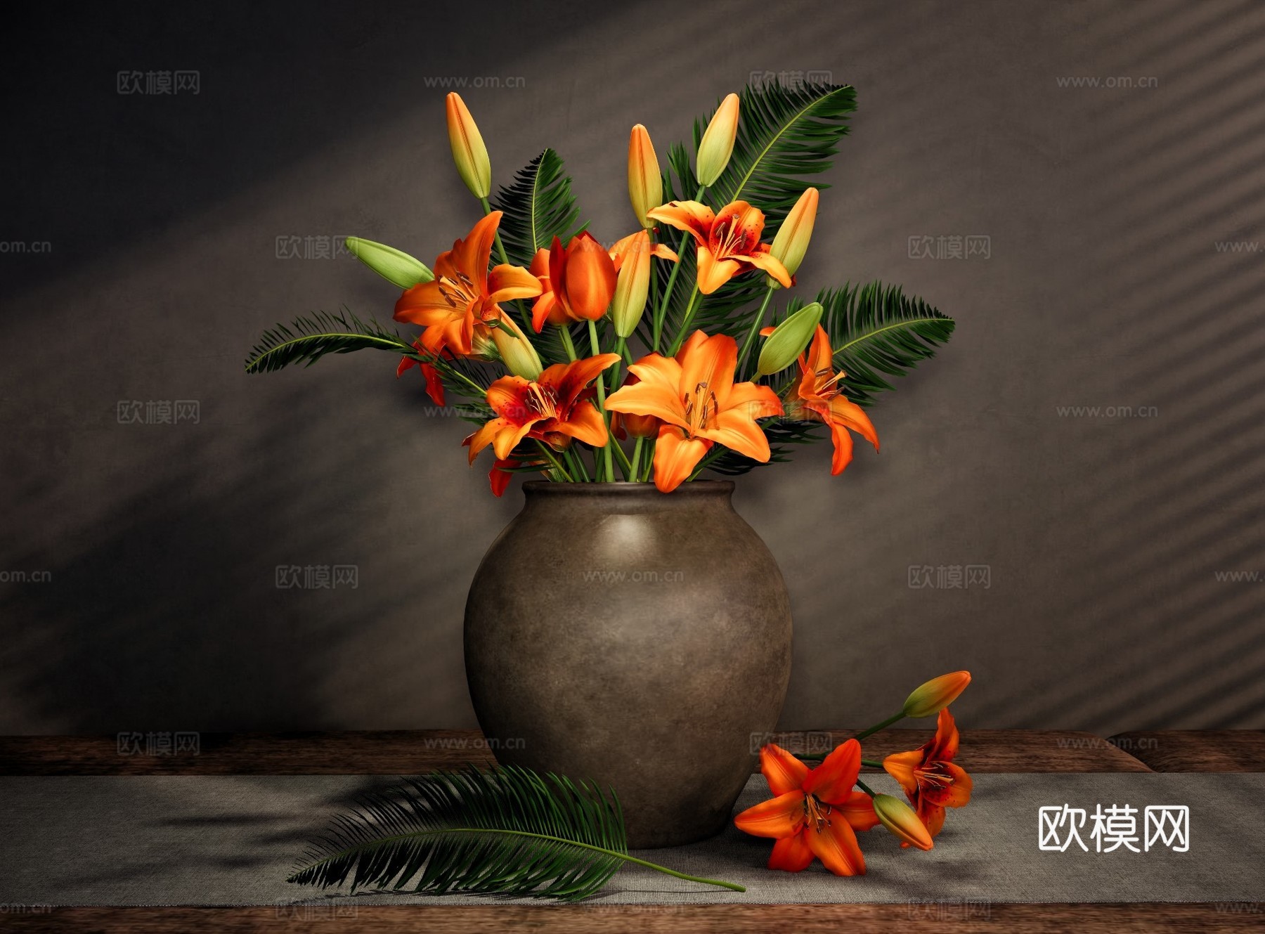 新中式花艺 橙色百合花插花 陶瓷陶罐插花 新中式花瓶花艺su模型