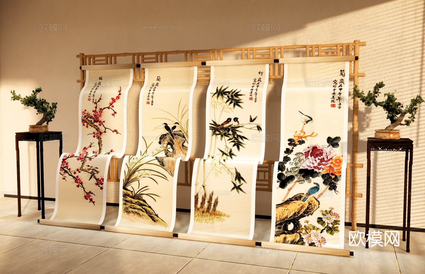 新中式美陈 中式卷轴画轴美陈 梅兰竹菊画轴装置 国风创意画轴su模型