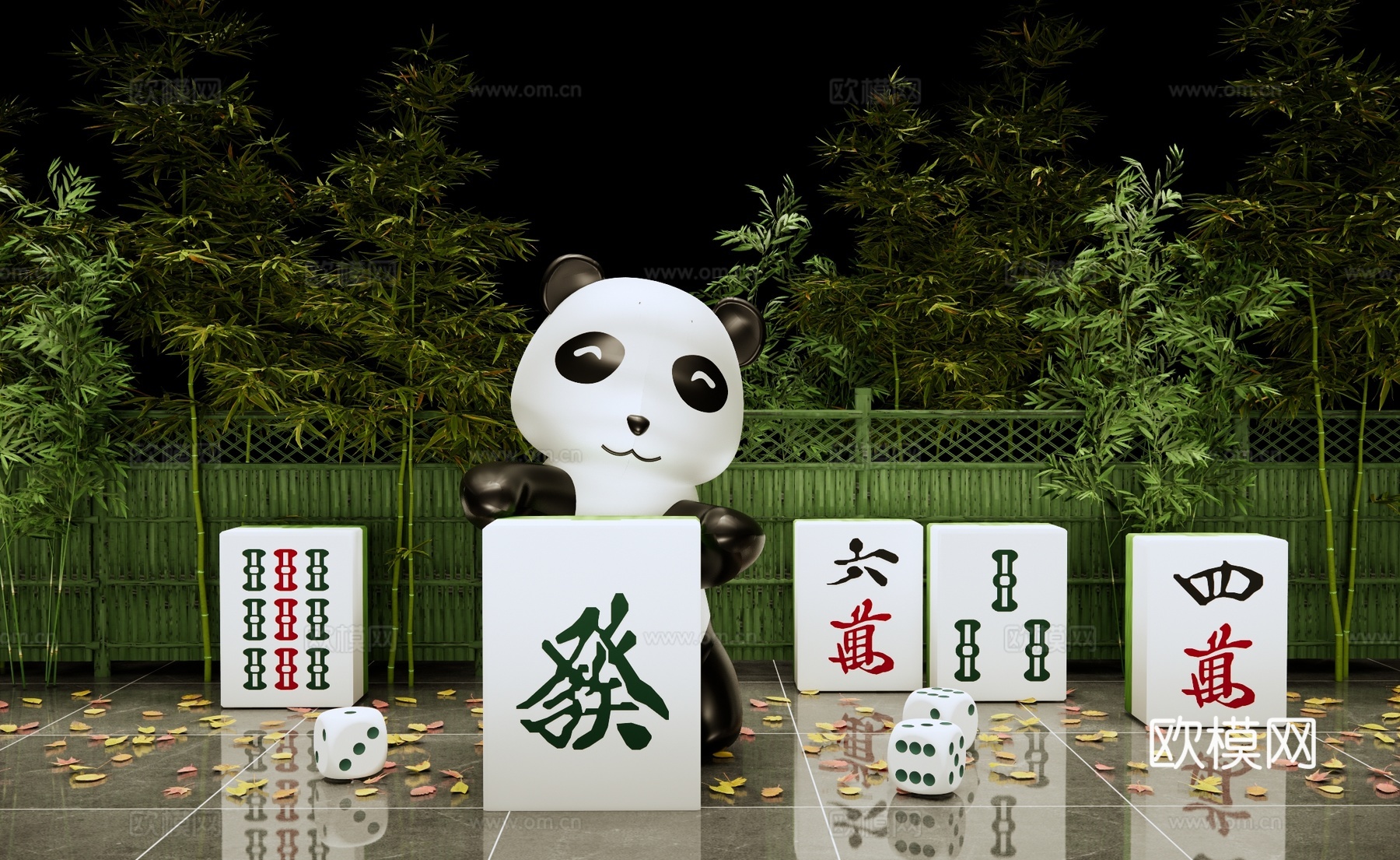 熊猫打麻将美陈 雀神熊猫美陈 麻将熊猫雕塑小品 熊猫茶馆su模型