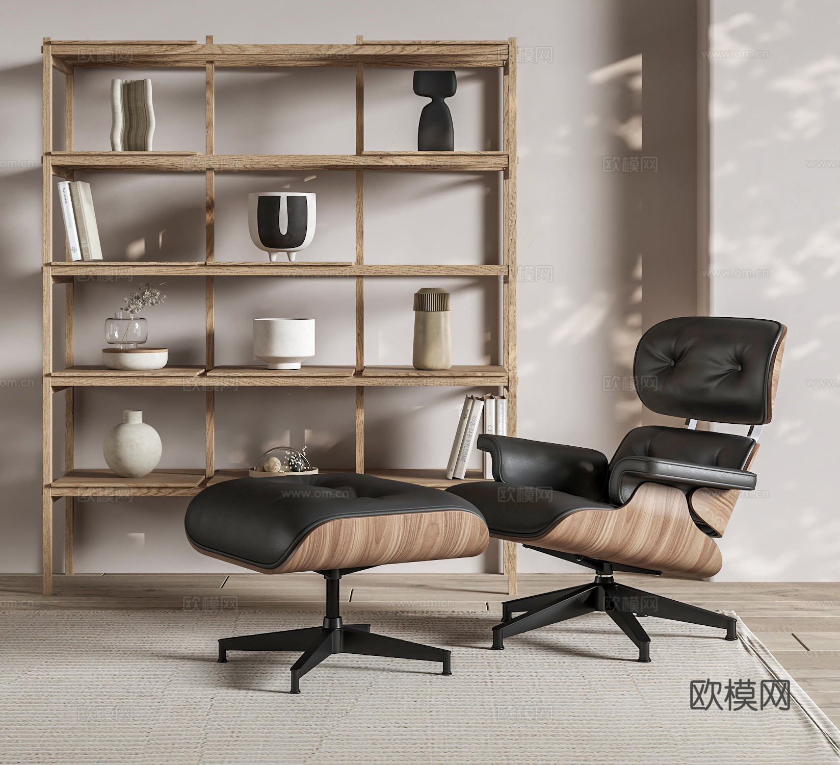 中古皮革躺椅 伊姆斯躺椅 脚踏 展示柜 书架su模型