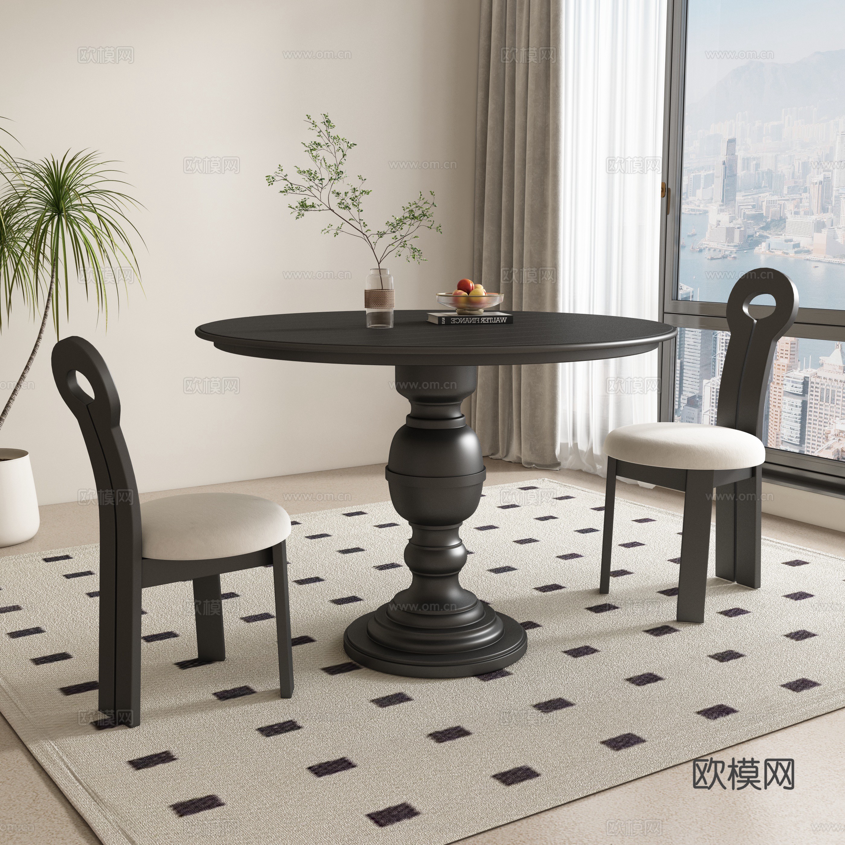 现代中古餐桌椅su模型