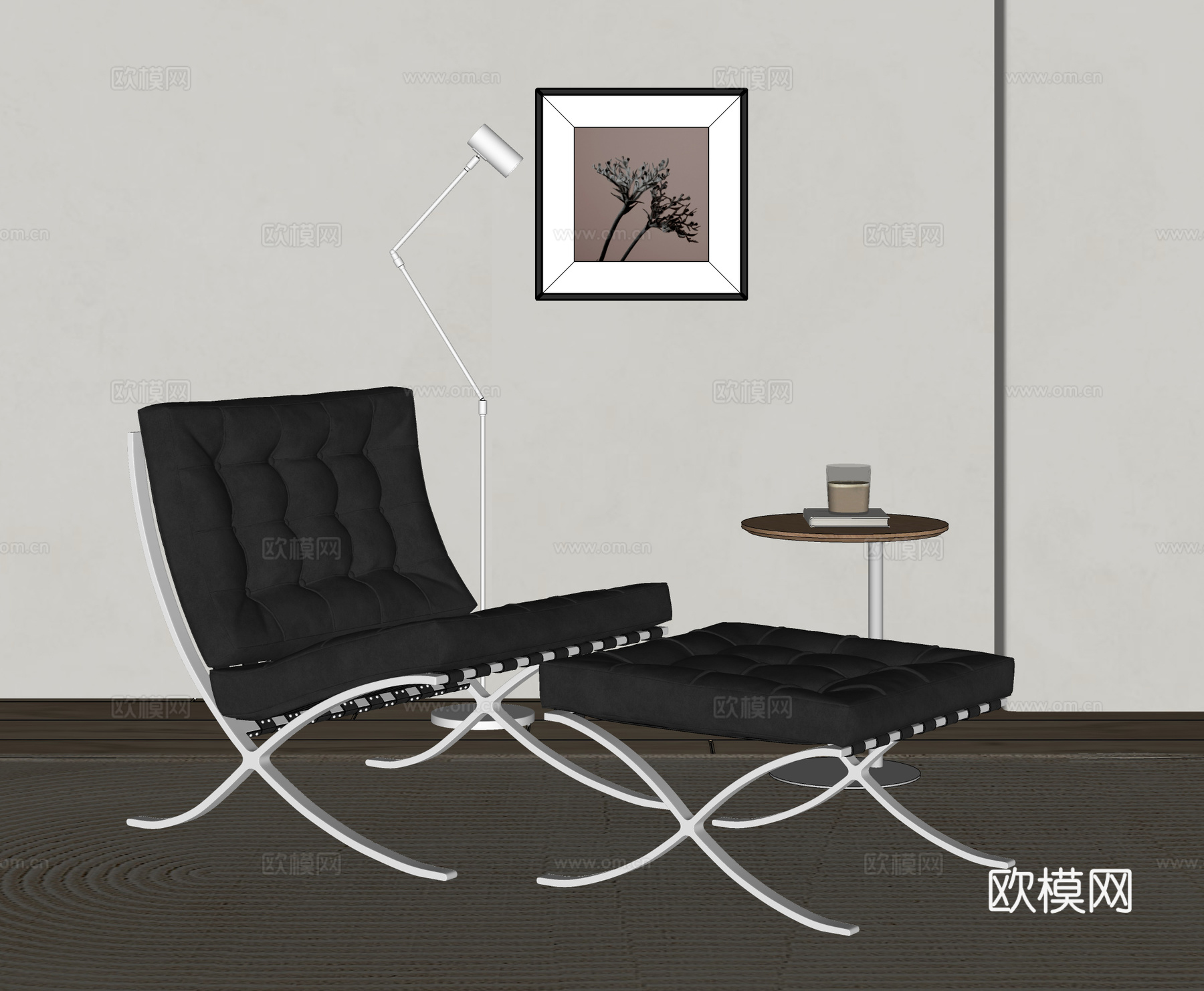 Knoll Barcelona 沙发椅脚踏组合 皮革休闲椅su模型