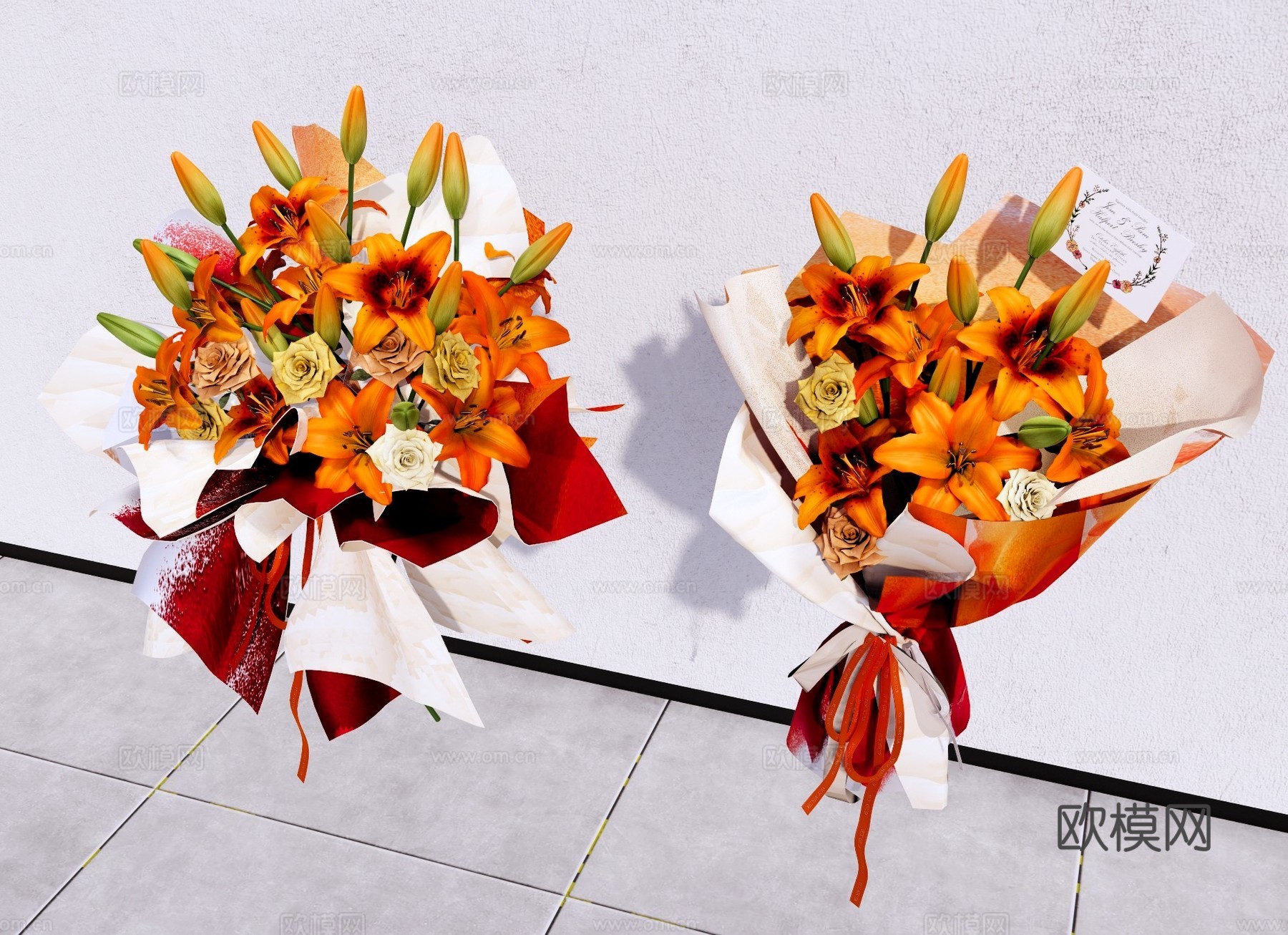 现代花艺 橙色百合花花束 水仙百合花 节日捧花花束 鲜花花艺su模型