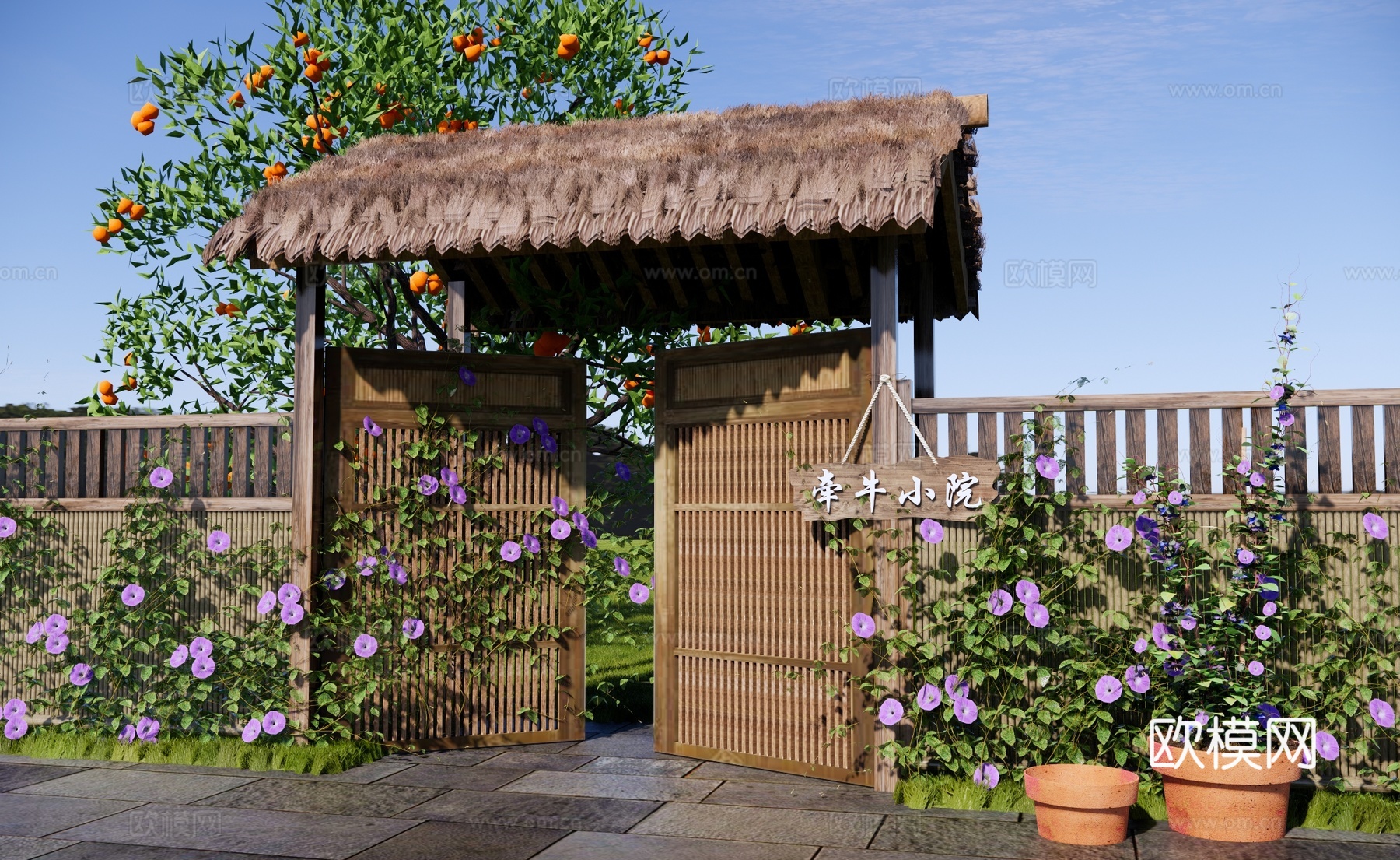 新中式其他景观小建筑 中式乡村庭院门 民宿花园小院门 牵牛花su模型
