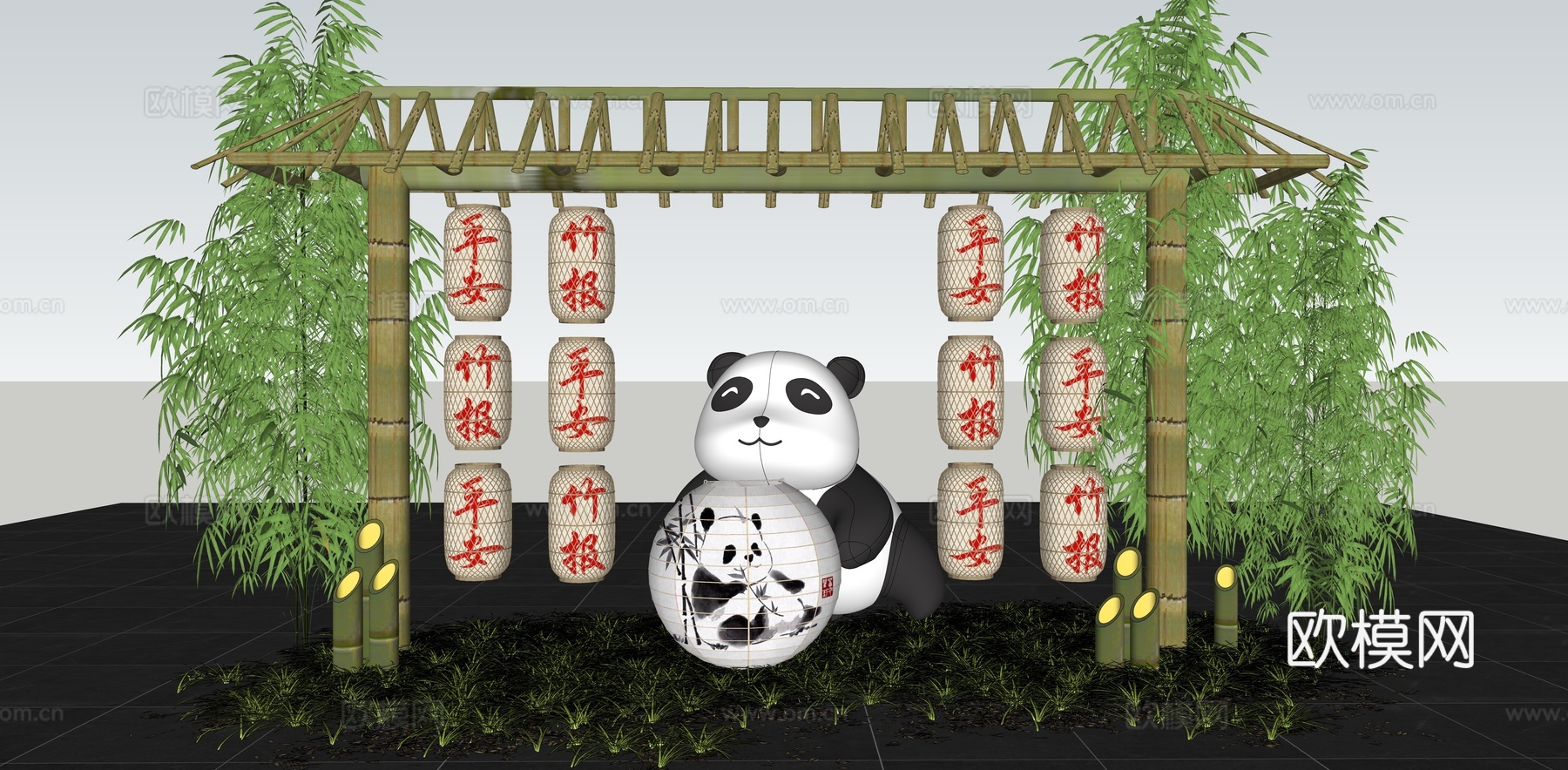 新中式美陈 竹灯笼美陈布置 竹文化主题美陈 熊猫雕塑景观小品su模型