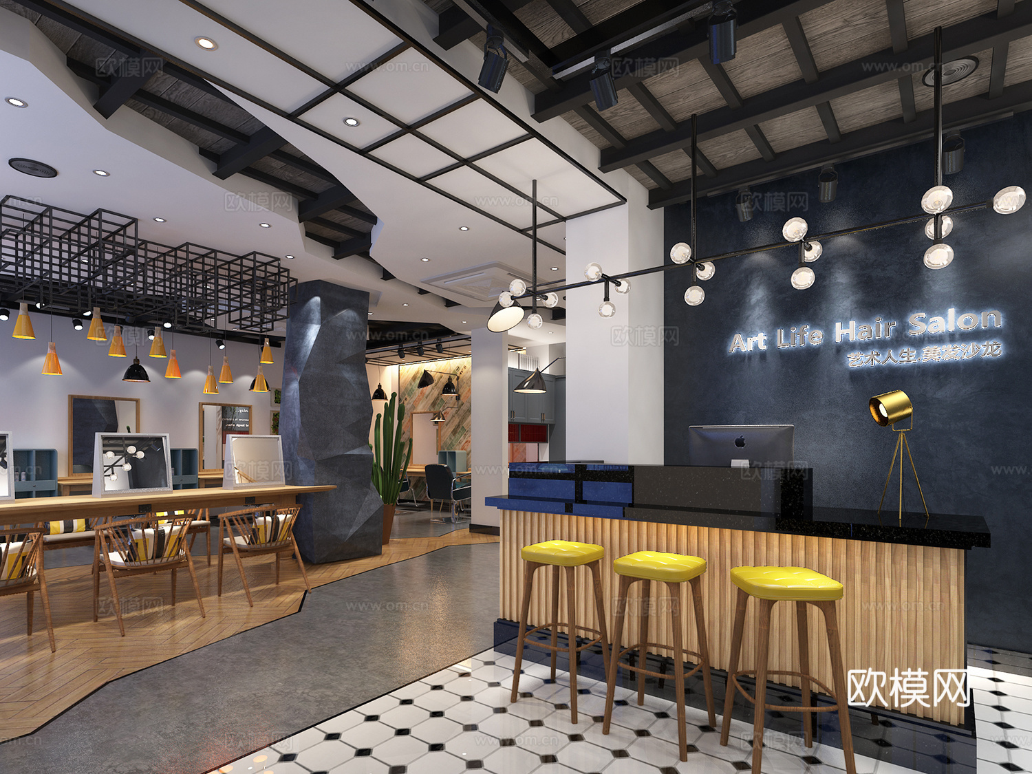 工业风理发店吊灯 吧椅 台灯 植物 椅子 躺椅 壁灯 装饰品3d模型