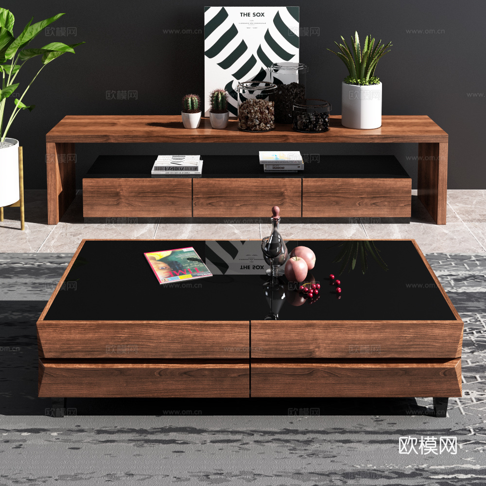 现代电视柜 茶几 地毯 饰品模型3d模型下载（渲染图1）