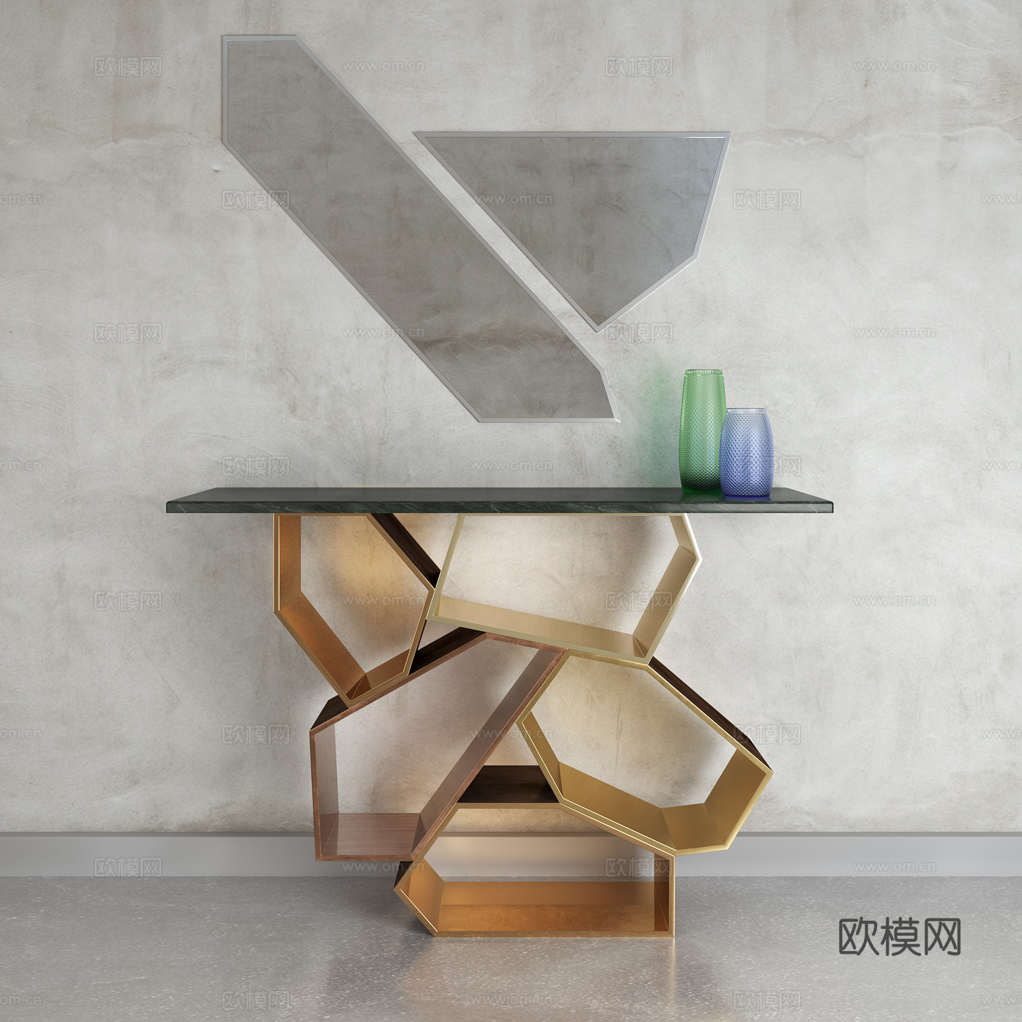 现代装饰柜组合 装饰边柜 几何镜子3d模型
