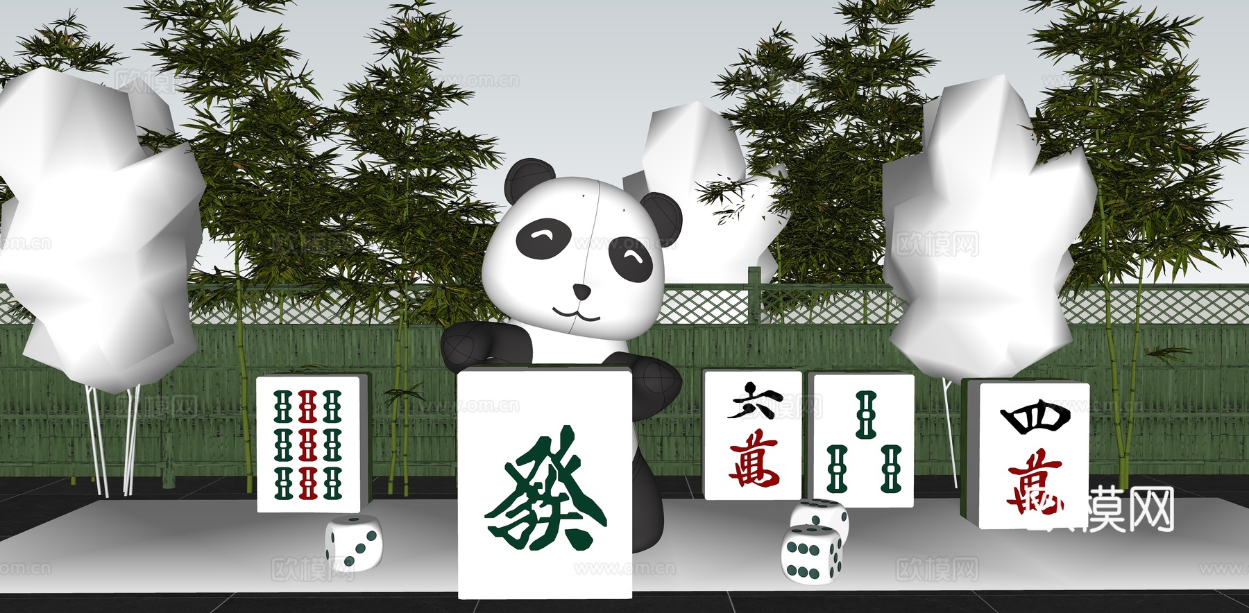 熊猫打麻将美陈 雀神熊猫美陈 麻将熊猫雕塑小品 熊猫茶馆su模型