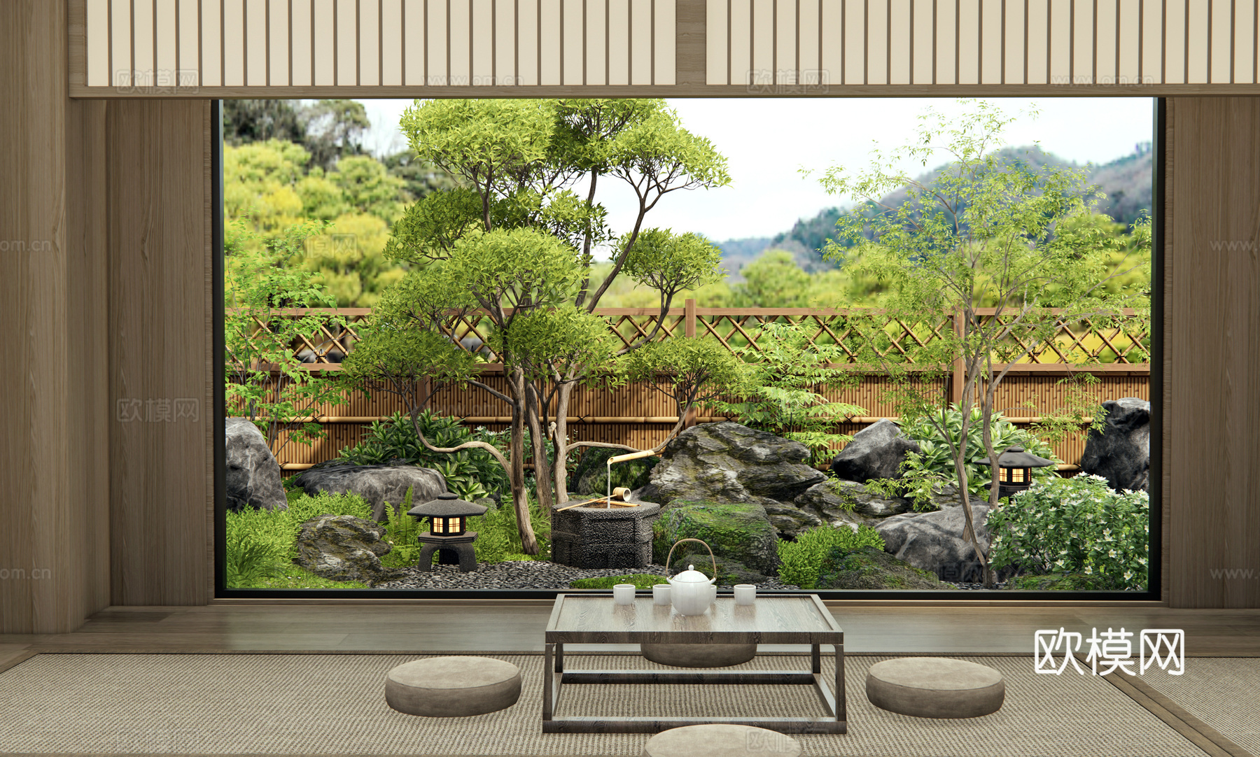 日式禅意庭院景观 水钵水景 景观石头 植物景观 枯山水 汀步su模型