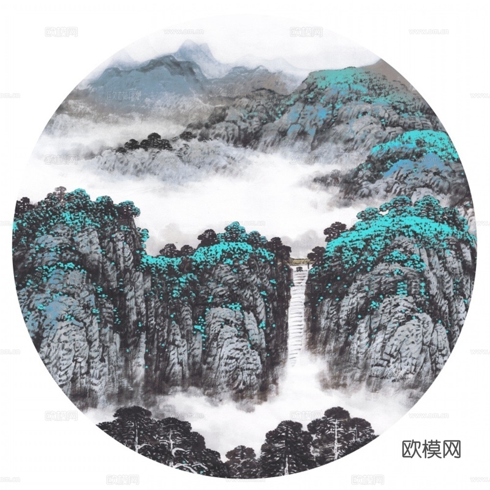 新中式圆形水墨山水装饰画壁画