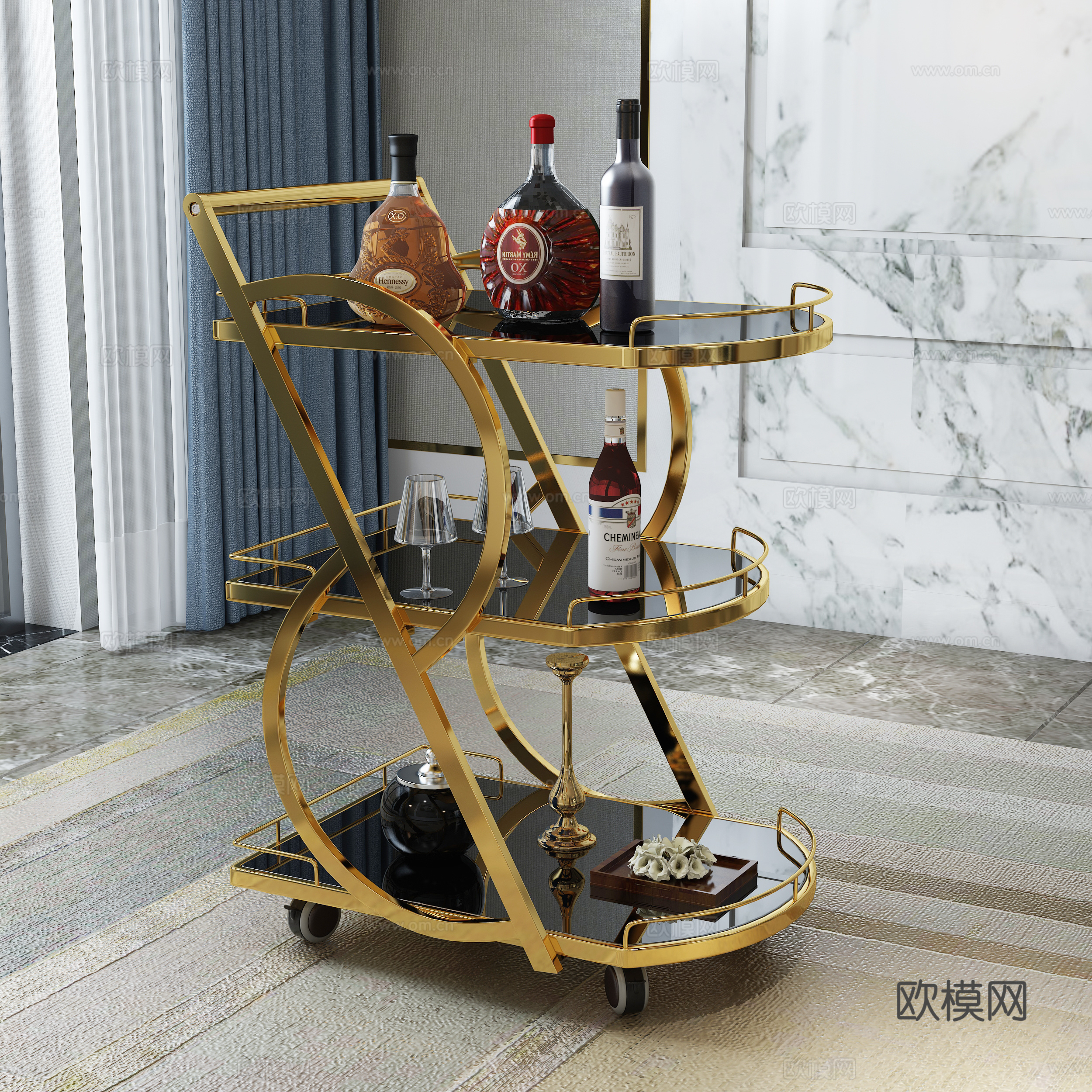 现代家用民用餐车餐厅手推车金色3d模型