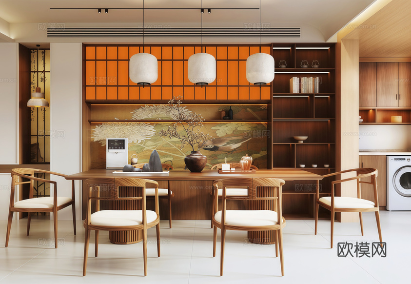宋式餐廳 餐邊柜 餐座椅組合 洗衣機柜 吊燈3d模型下載