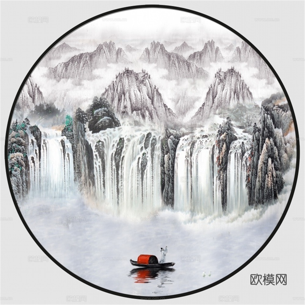 新中式圆形水墨山水装饰画壁画