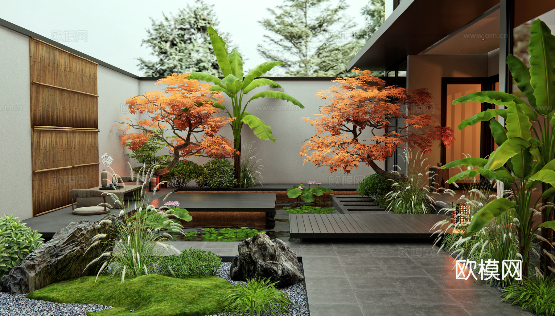 新中式别墅庭院花园 别墅院子 汀步 水景 荷花 红枫 芭蕉3d模型