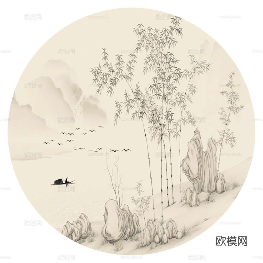 新中式圆形水墨山水装饰画壁画