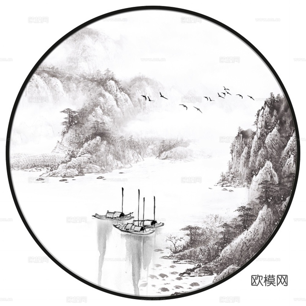 新中式圆形水墨山水装饰画壁画