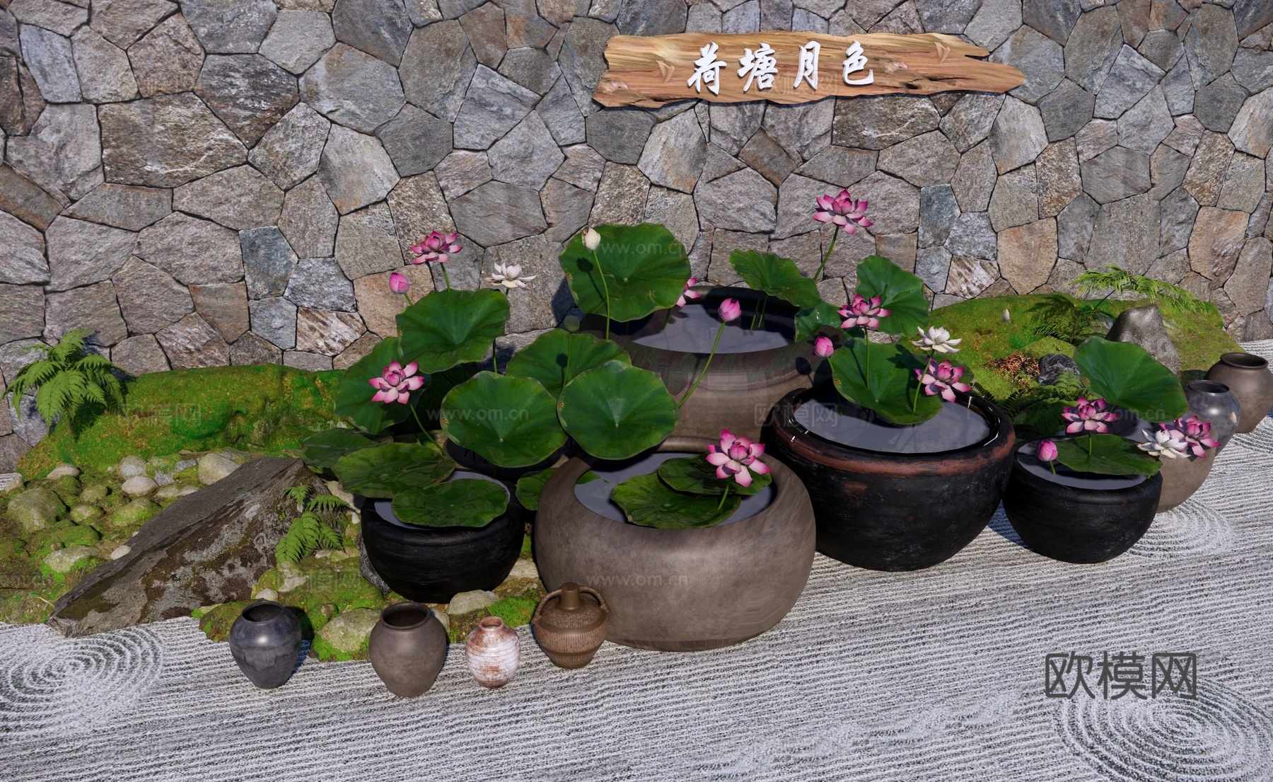 禅意水缸小品 荷花缸 莲蓬 陶罐 庭园小品 户外小品摆件su模型