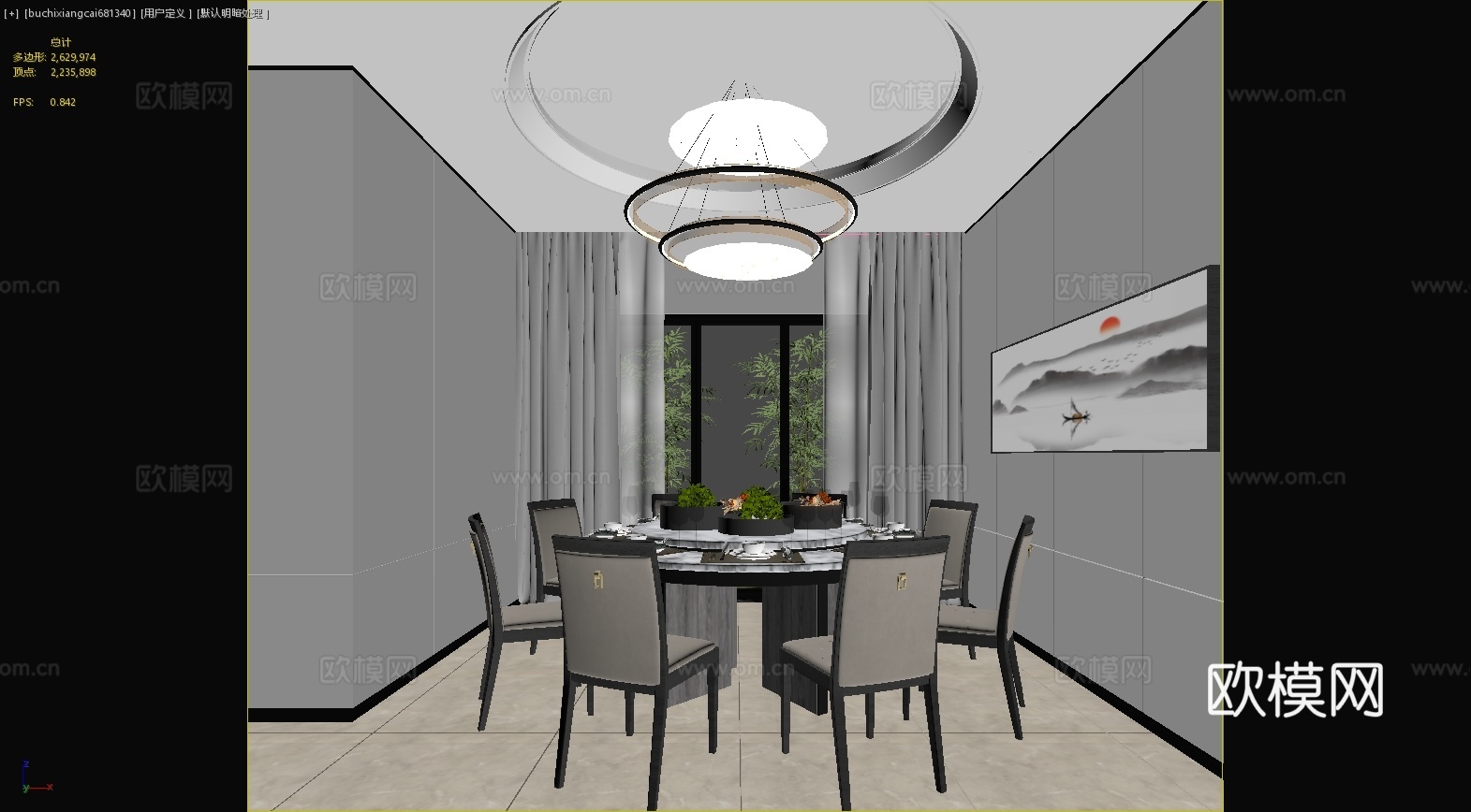 新中式餐厅餐桌餐椅餐具吊灯挂画窗帘包间3d模型