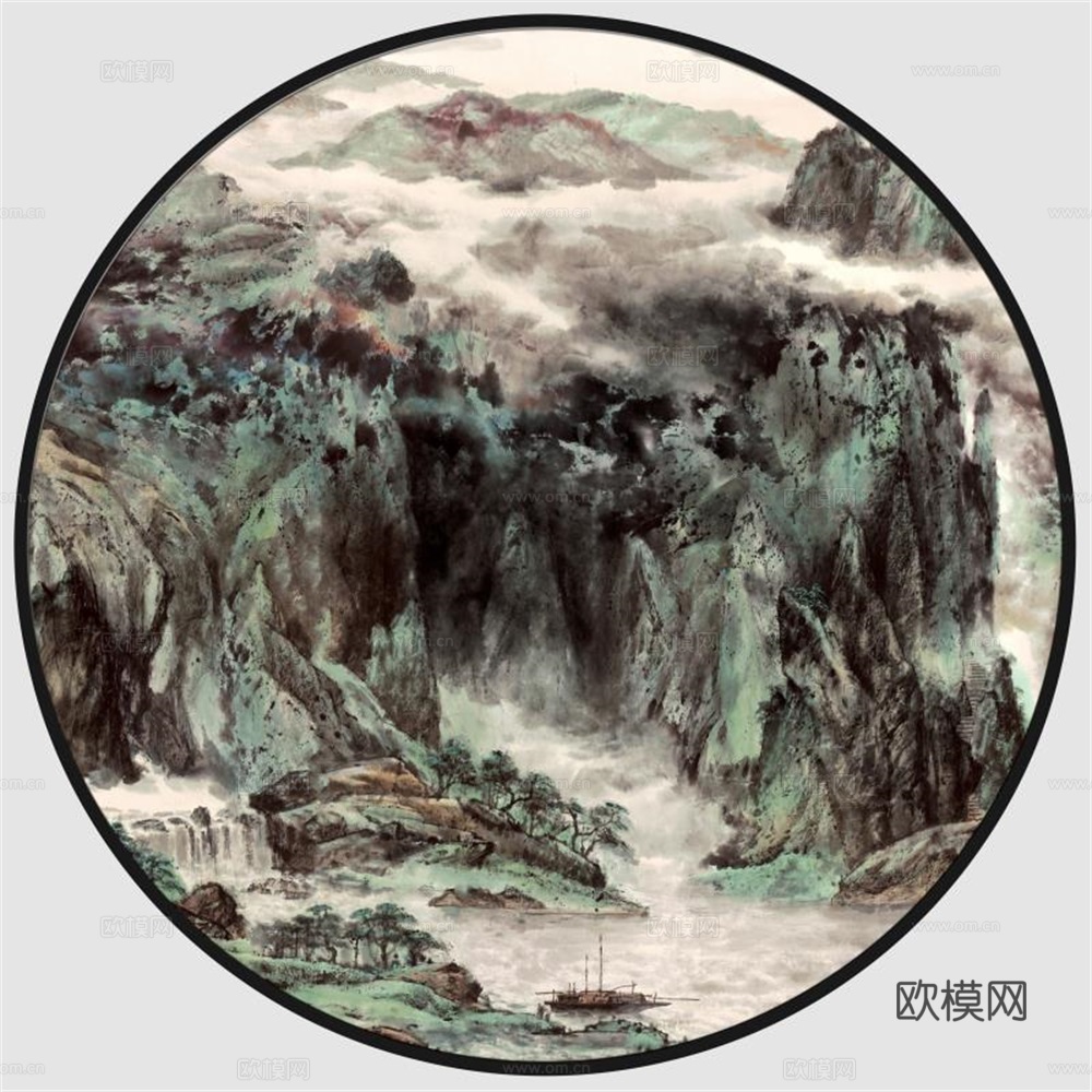 新中式圆形水墨山水装饰画壁画