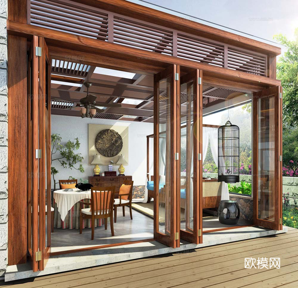 传统中式阳台房 餐桌椅 沙发组合 植物3d模型