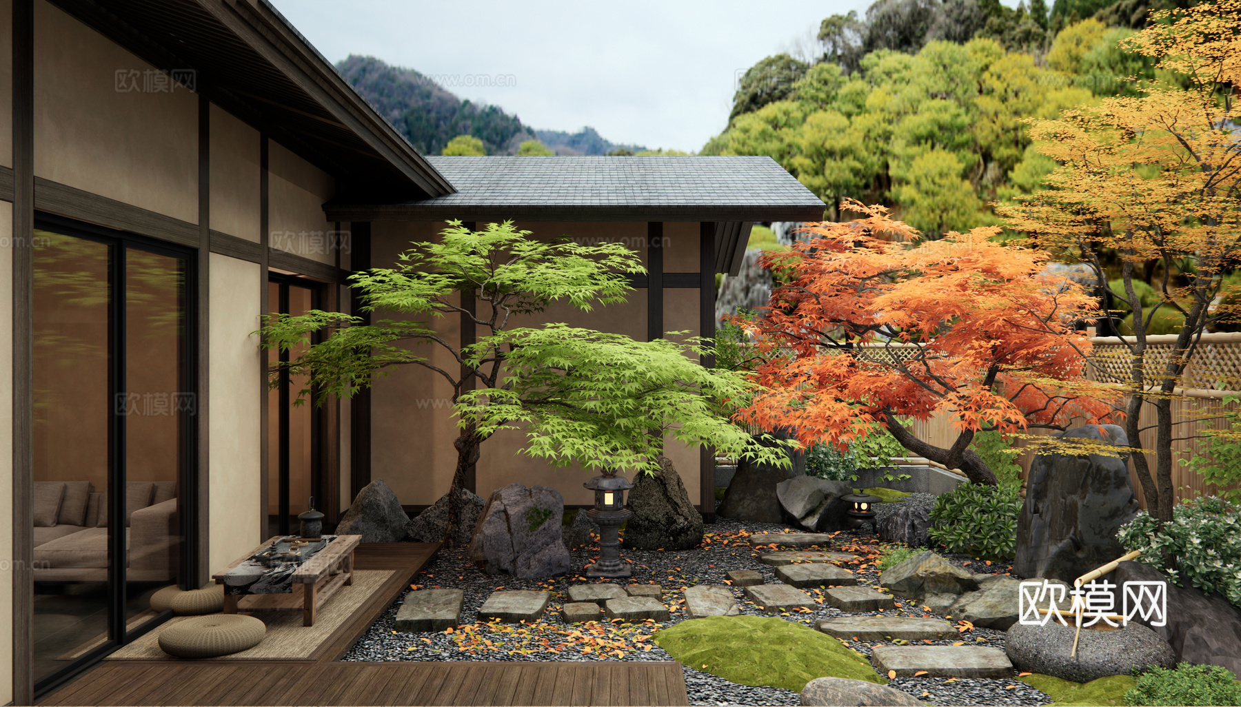 日式庭院花园 枯山水 汀步 景观石头 乡村庭院 红枫 水钵3d模型