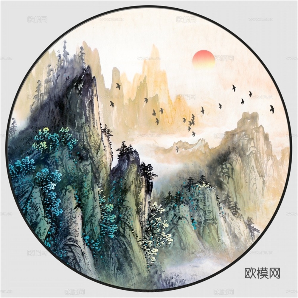 新中式圆形水墨山水装饰画壁画