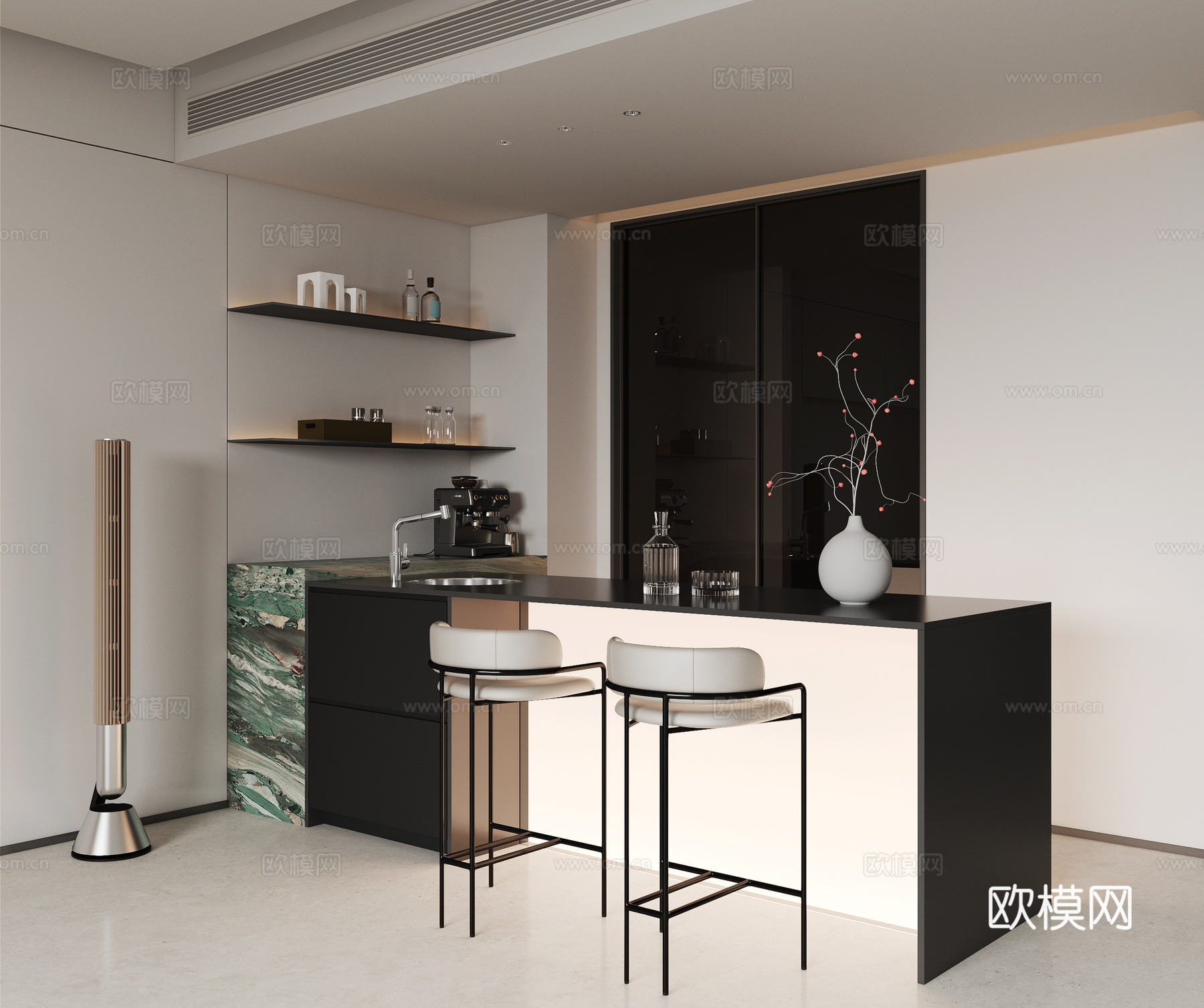 现代水吧台 吧椅 水龙头 酒瓶 花艺 音响 饰品摆件3d模型下载