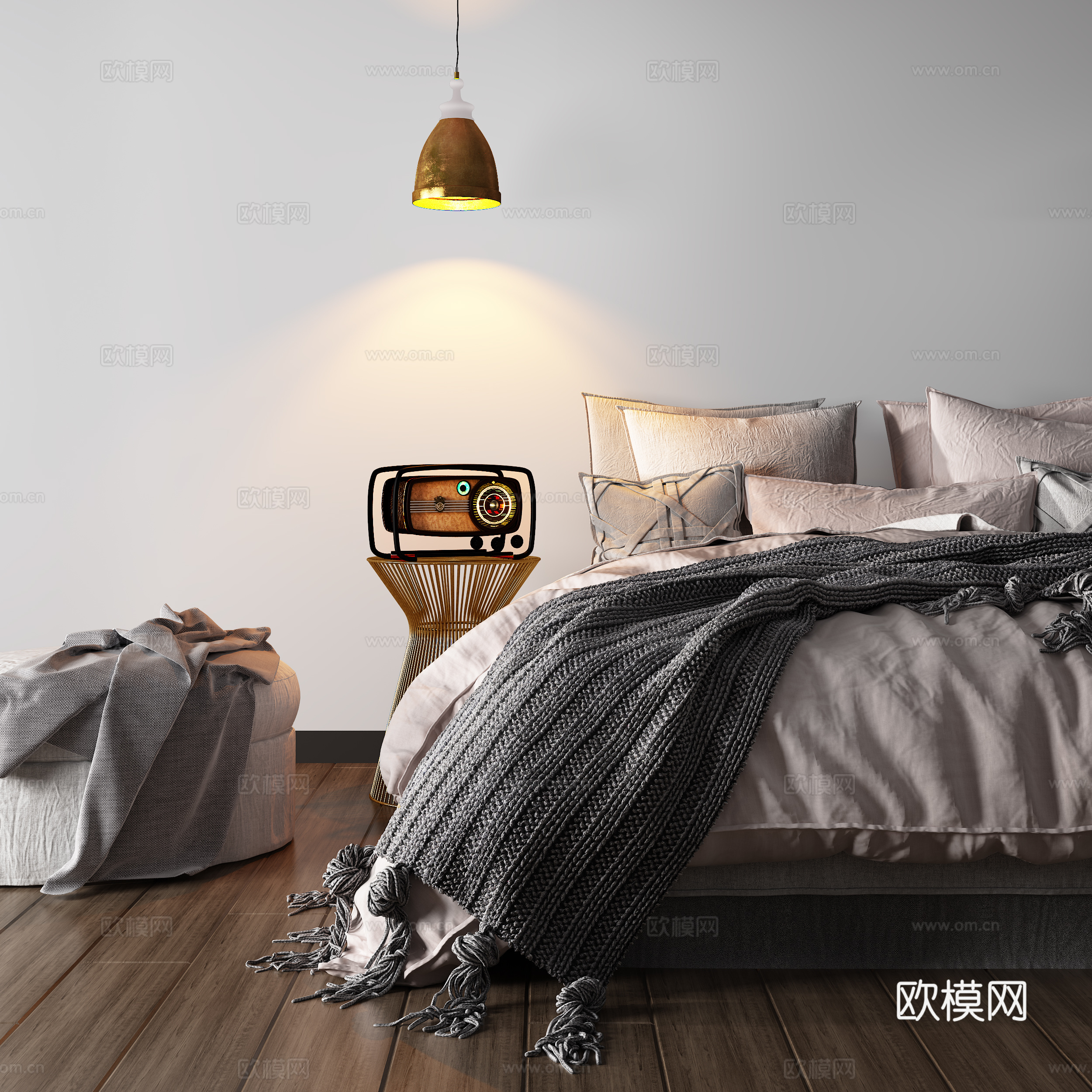 现代双人床 布艺床 圆几圆凳 吊灯收音机su模型