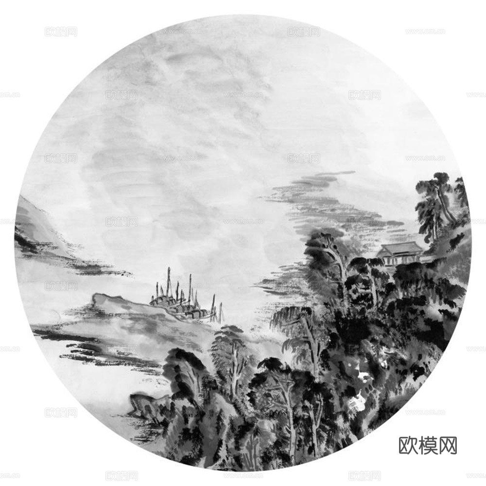 新中式圆形水墨山水装饰画壁画