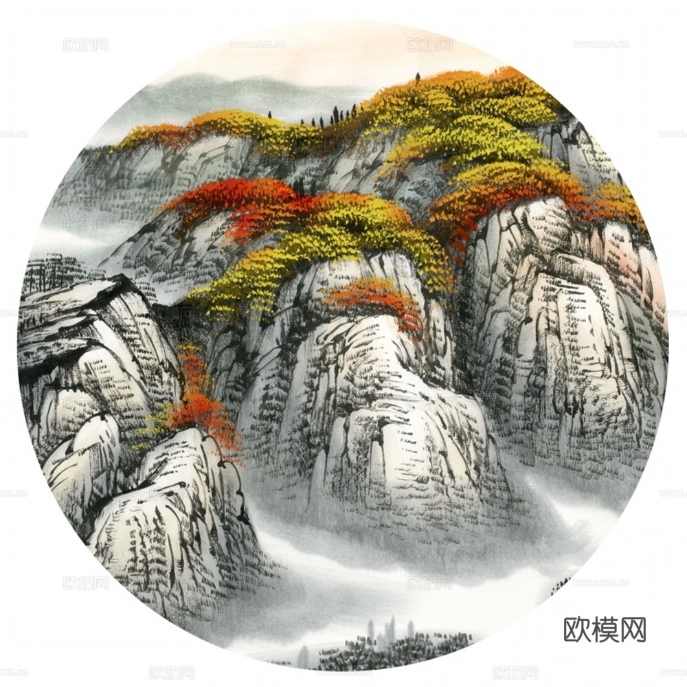 新中式圆形水墨山水装饰画壁画