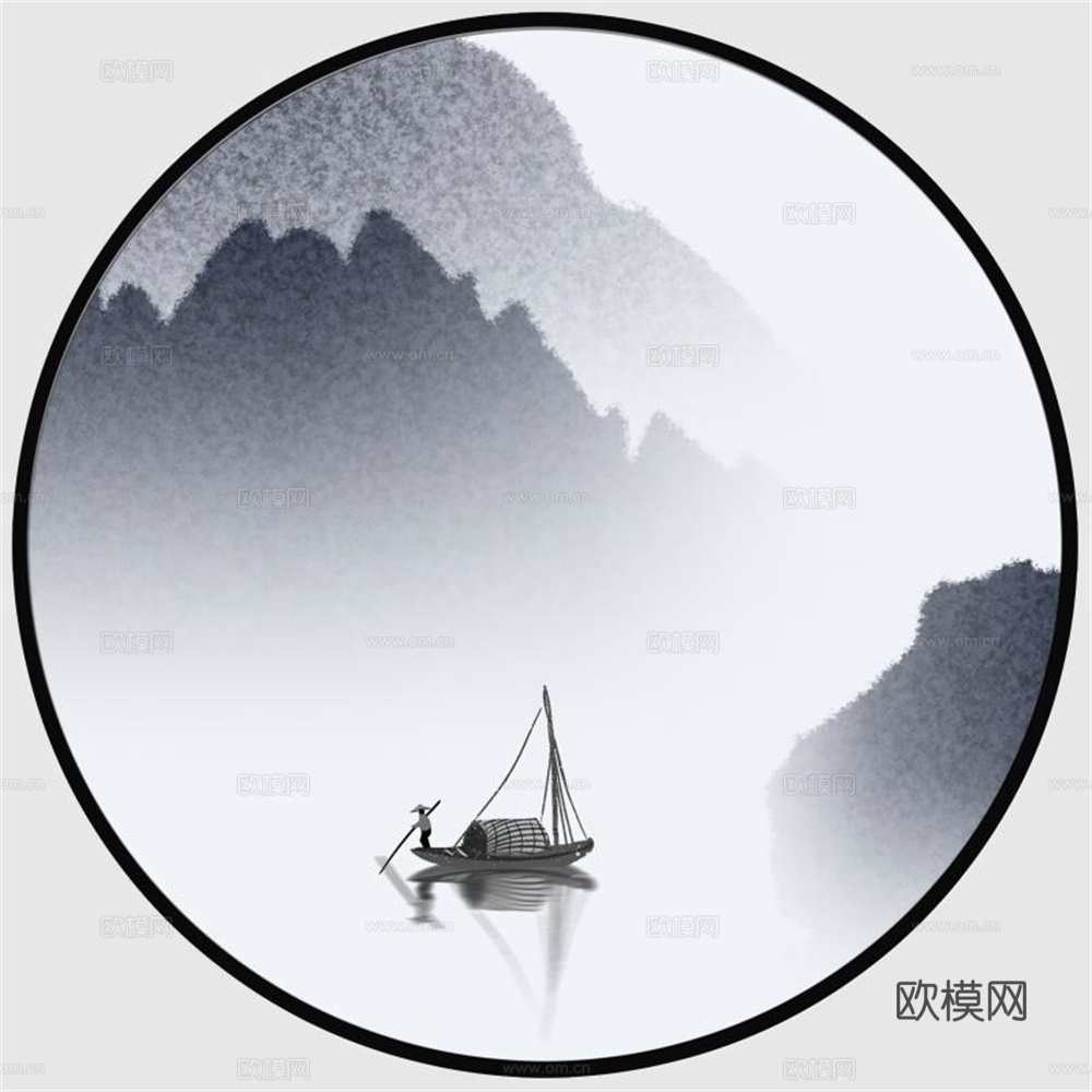 新中式圆形水墨山水装饰画壁画