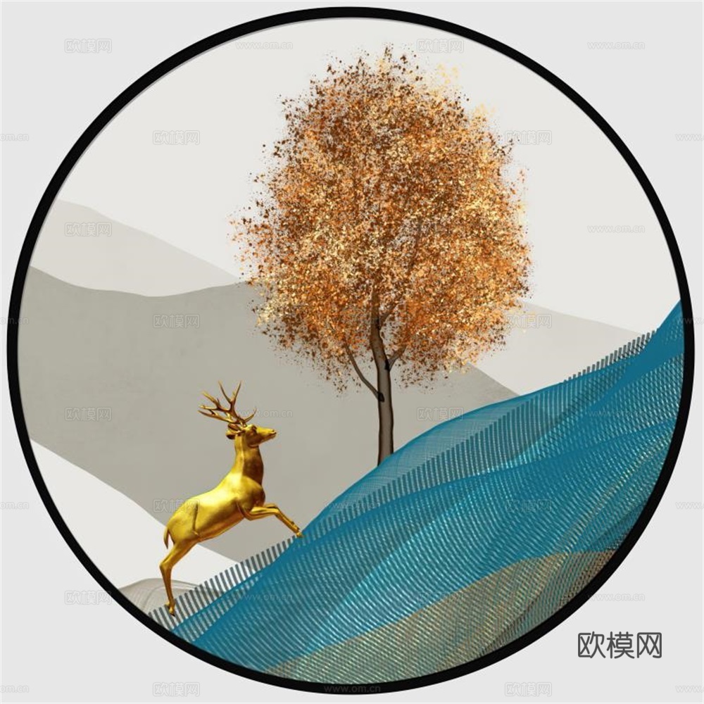 新中式圆形福鹿临门装饰画壁画