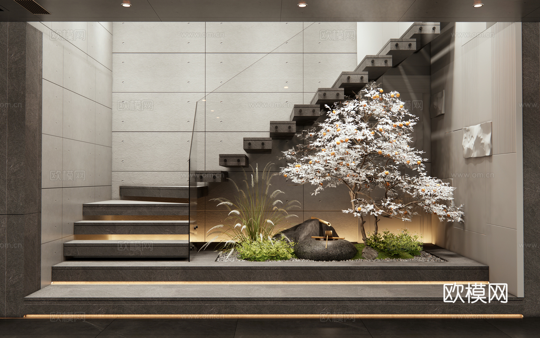 现代楼梯间 植物景观造景 庭院小品 水景 水钵 狗尾草 花草3d模型下载