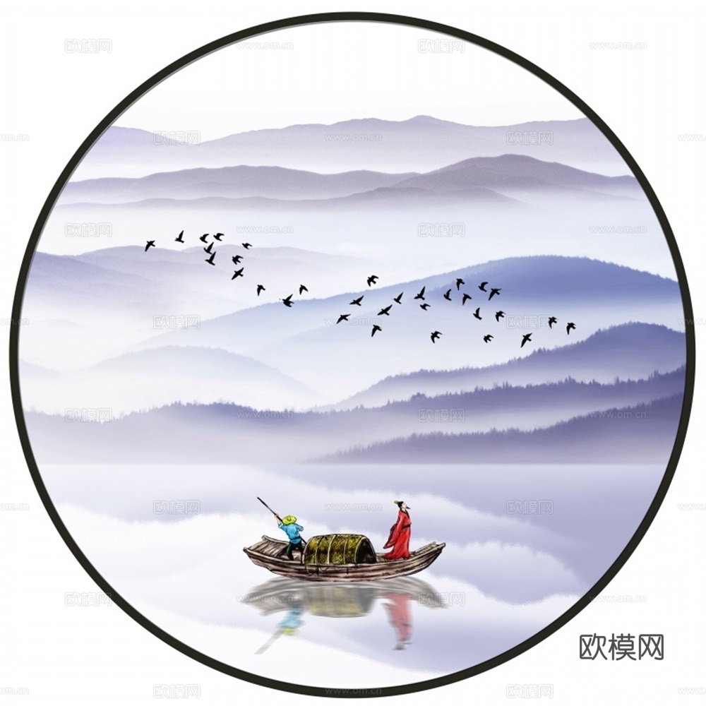 新中式圆形水墨山水装饰画壁画
